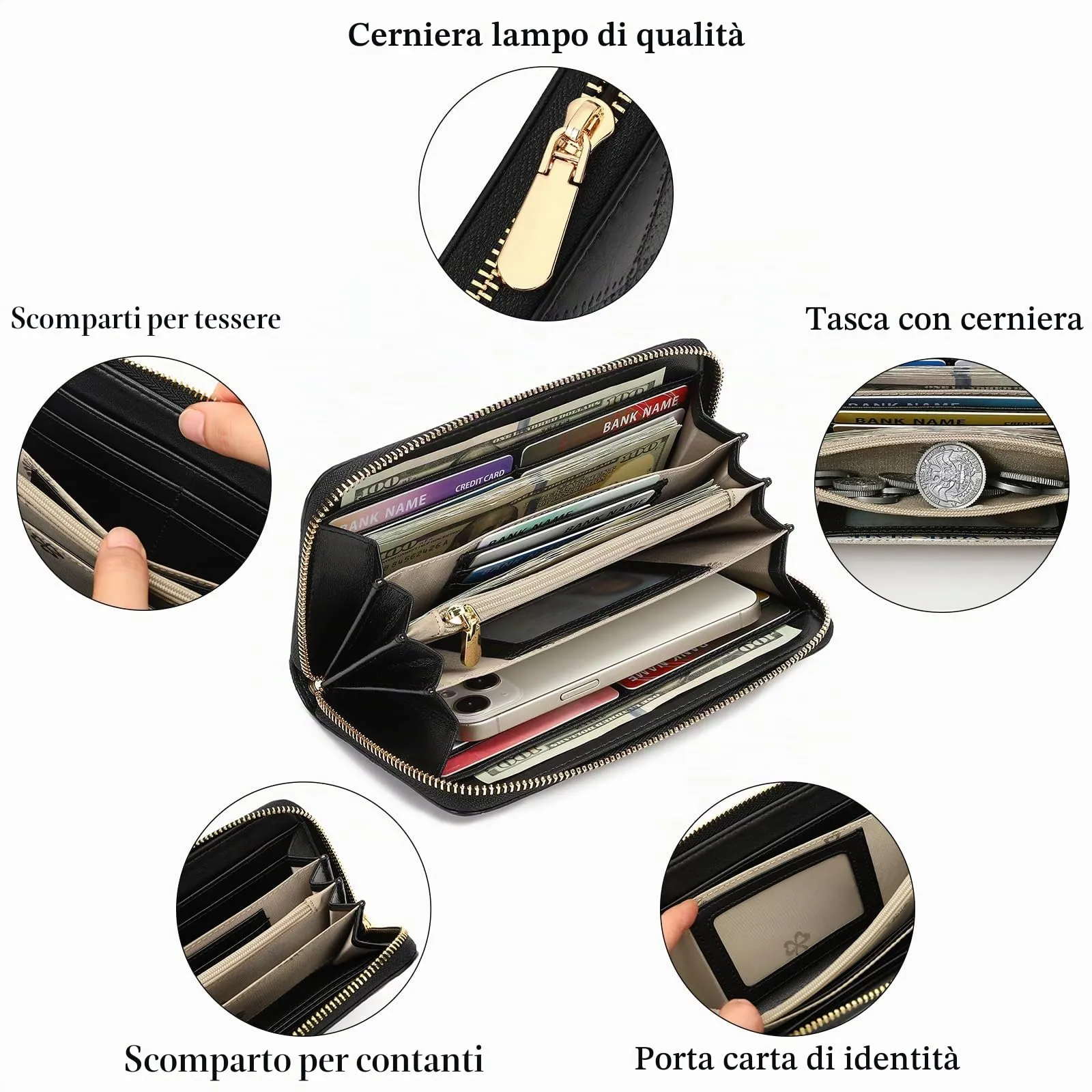 SENDEFN Portafoglio Donna Grande Capacità Pelle RFID Portamonete,con 20 Titolari di Carta Cerniera Portafoglio Donna - immagine 3