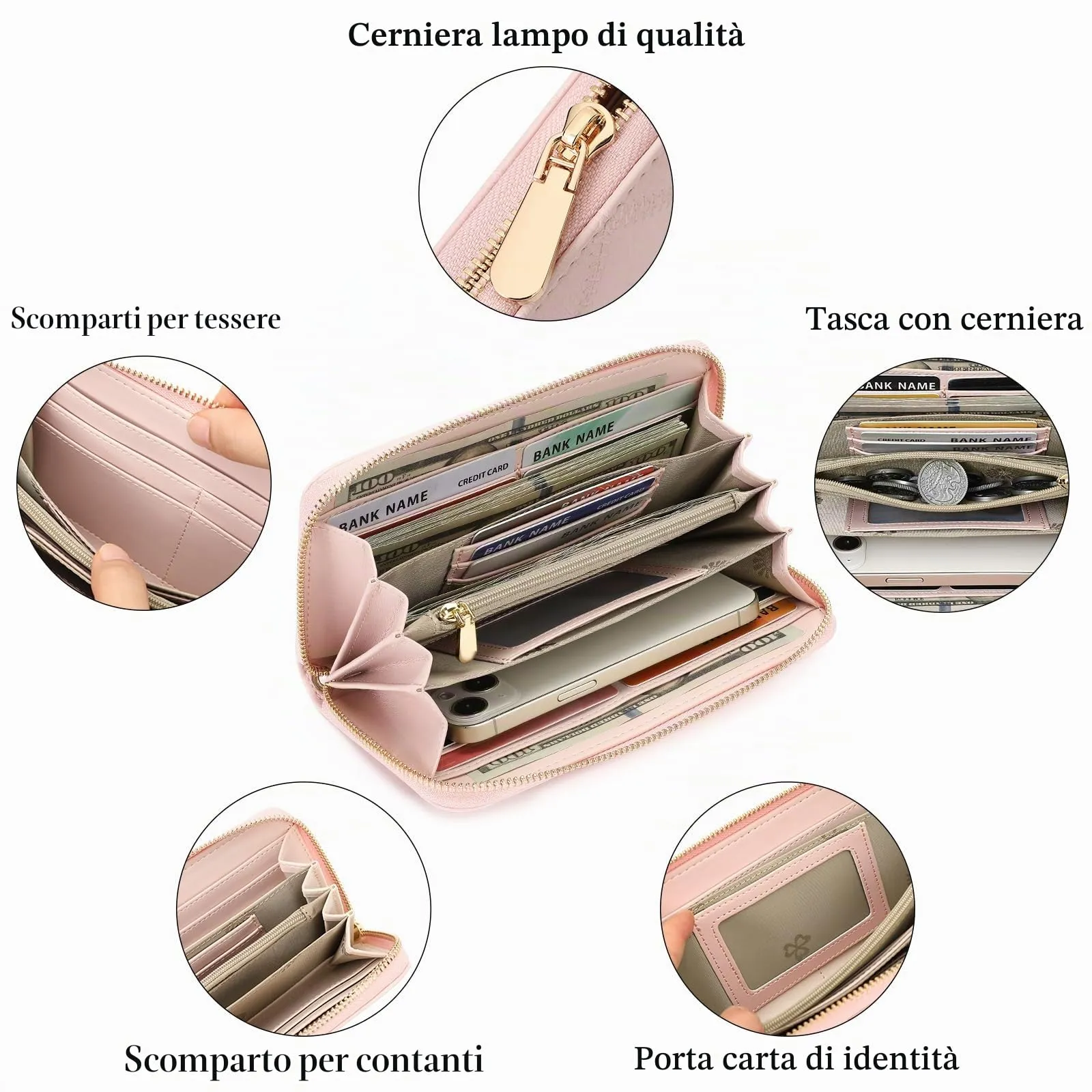 SENDEFN Portafoglio Donna Grande Capacità Pelle RFID Portamonete,con 20 Titolari di Carta Cerniera Portafoglio Donna - immagine 4