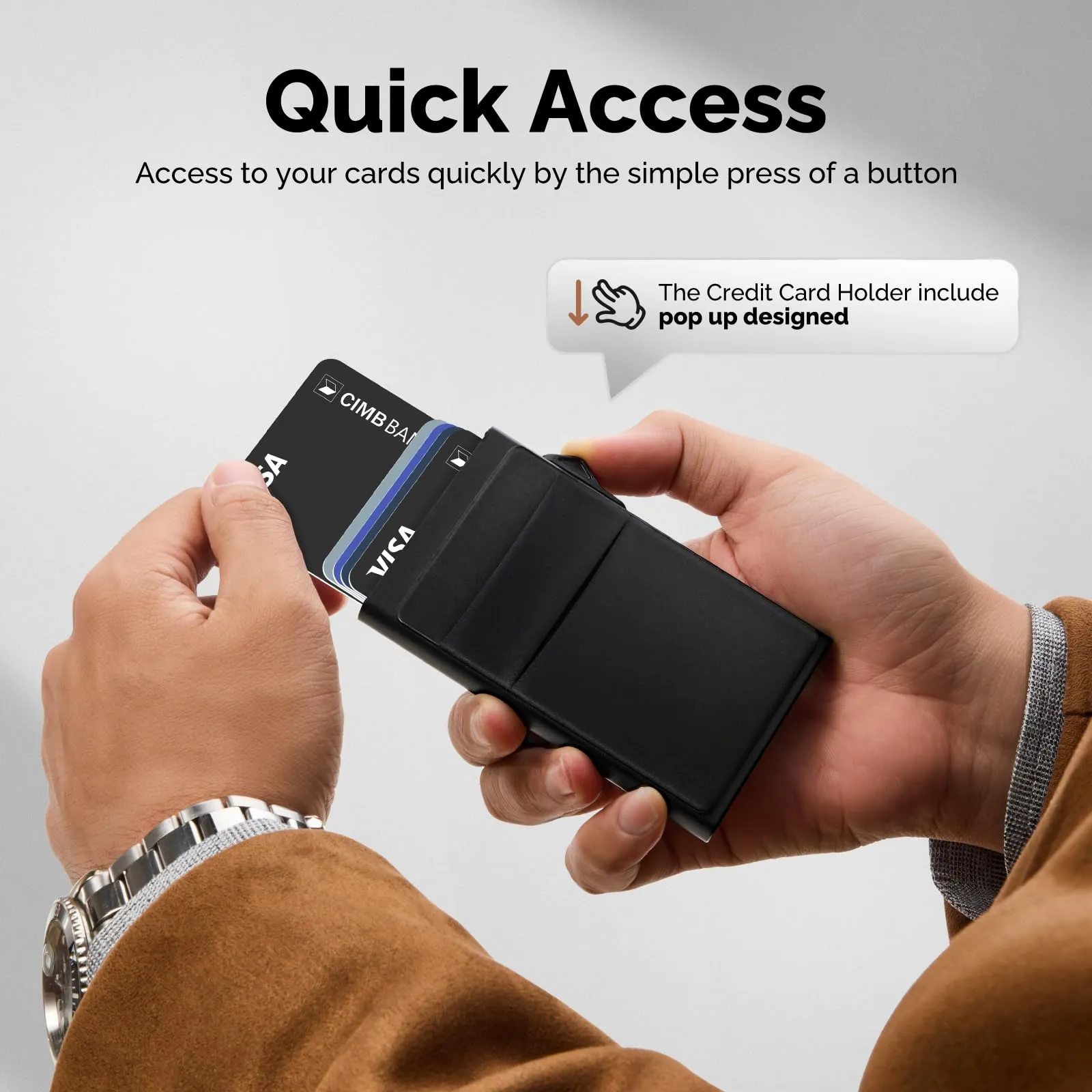 YESIIW Portafoglio porta carte di credito da uomo con blocco RFID, sottile e minimalista, in metallo, con tasca per soldi, protezione per carte senza contatto, A01-nero, 1 Elastic Pocket and Money - immagine 2