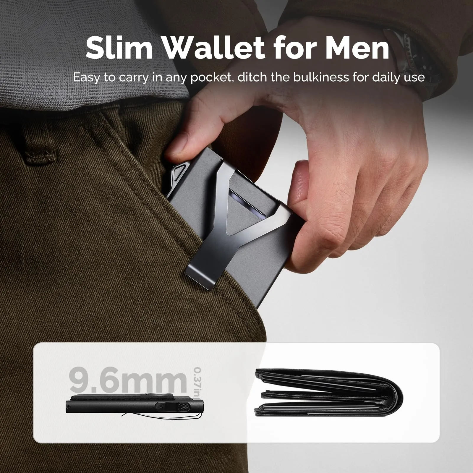 YESIIW Portafoglio porta carte di credito da uomo con blocco RFID, sottile e minimalista, in metallo, con tasca per soldi, protezione per carte senza contatto, A01-nero, 1 Elastic Pocket and Money - immagine 3