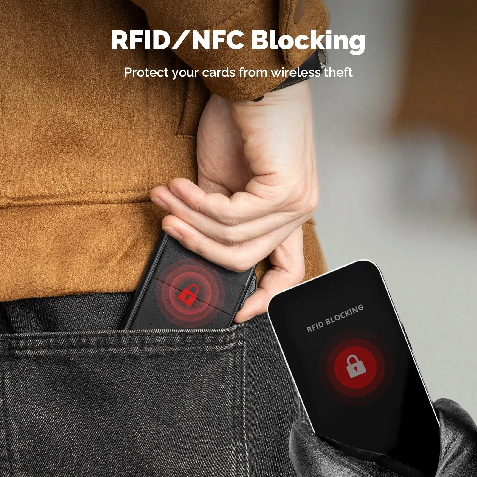 YESIIW Portafoglio porta carte di credito da uomo con blocco RFID, sottile e minimalista, in metallo, con tasca per soldi, protezione per carte senza contatto, A01-nero, 1 Elastic Pocket and Money - immagine 4