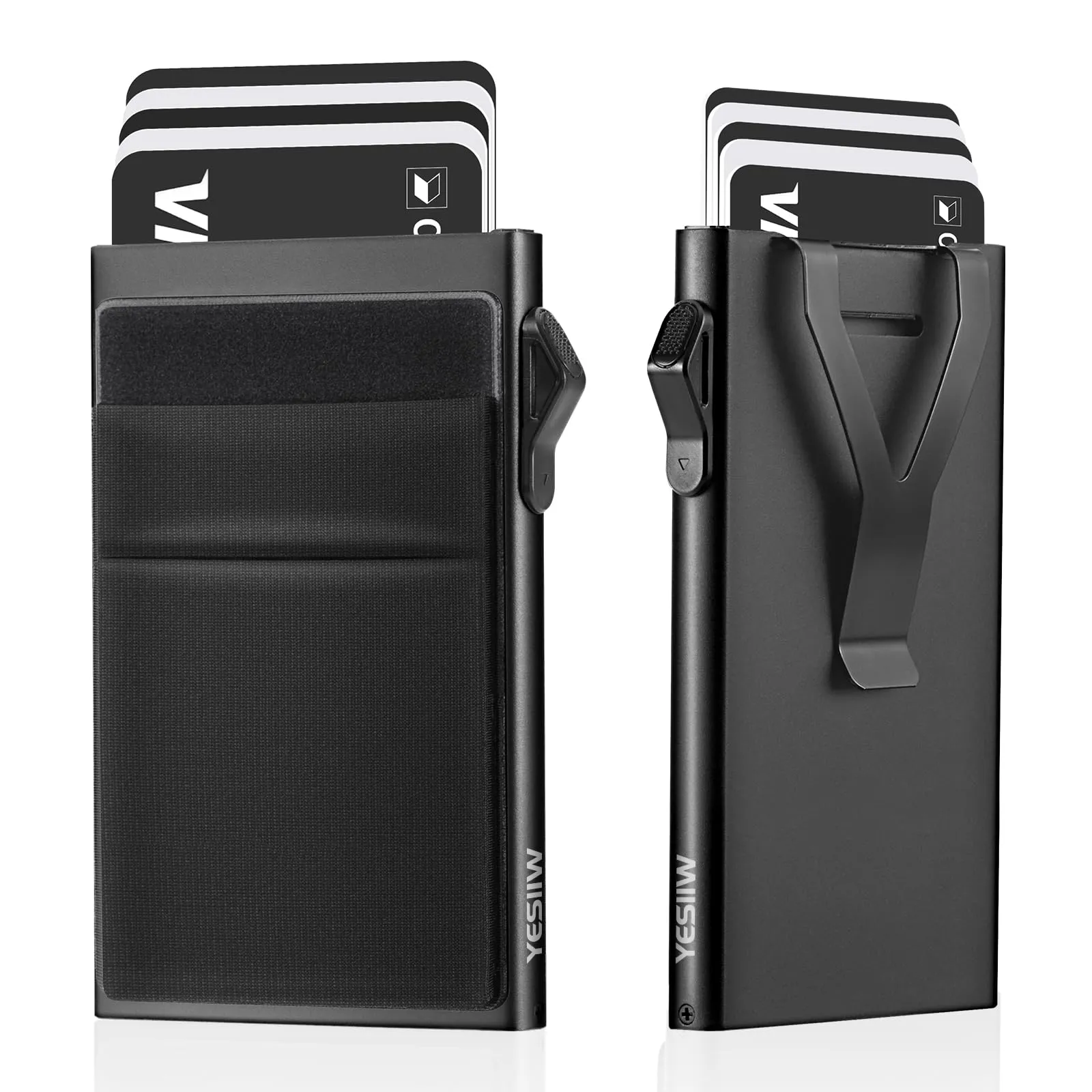 YESIIW Portafoglio porta carte di credito da uomo con blocco RFID, sottile e minimalista, in metallo, con tasca per soldi, protezione per carte senza contatto, A01-nero, 1 Elastic Pocket and Money - immagine 8