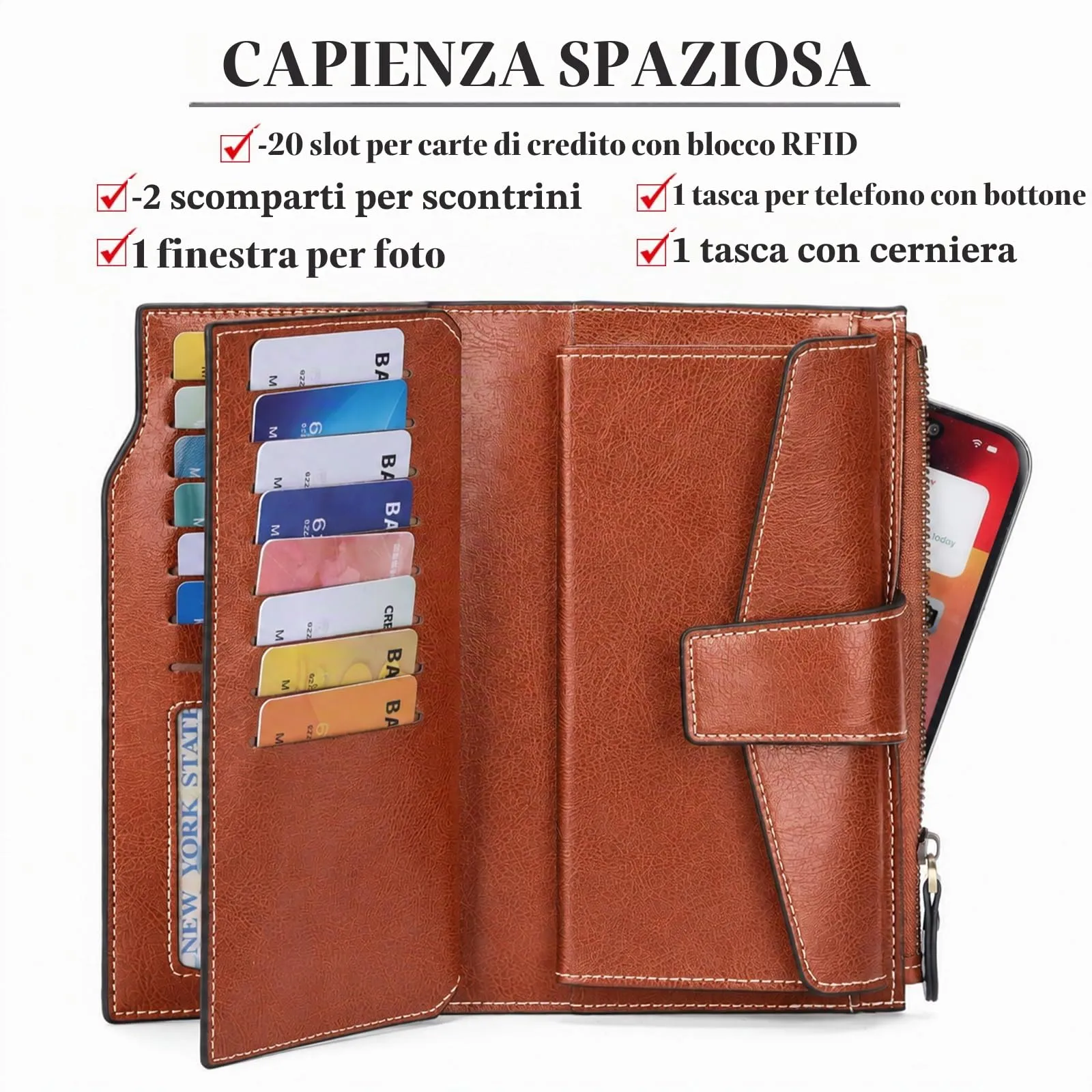 SENDEFN Portafoglio Donna Grande Capacità Pelle RFID Portamonete Donna,con 20 Titolari di Carta Cerniera Portafoglio - immagine 2
