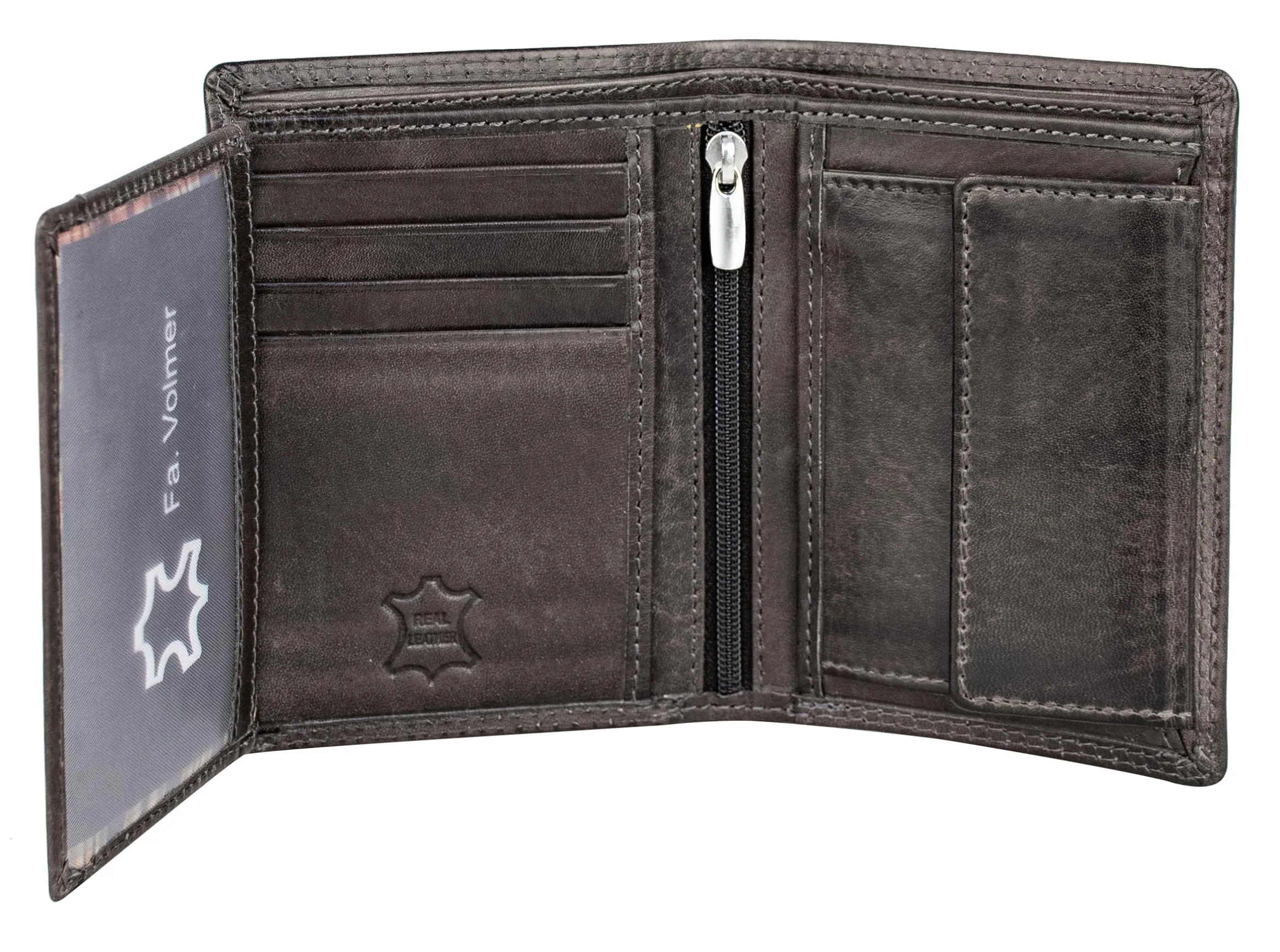 Fa.Volmer ® Portafoglio in vera pelle di bufalo I Portafoglio grande per uomo e donna I Protezione RFID certificata TÜV in colore marrone e nero, grigio, 12,5 x 9,5 x 2,5 cm, formato verticale - immagine 1