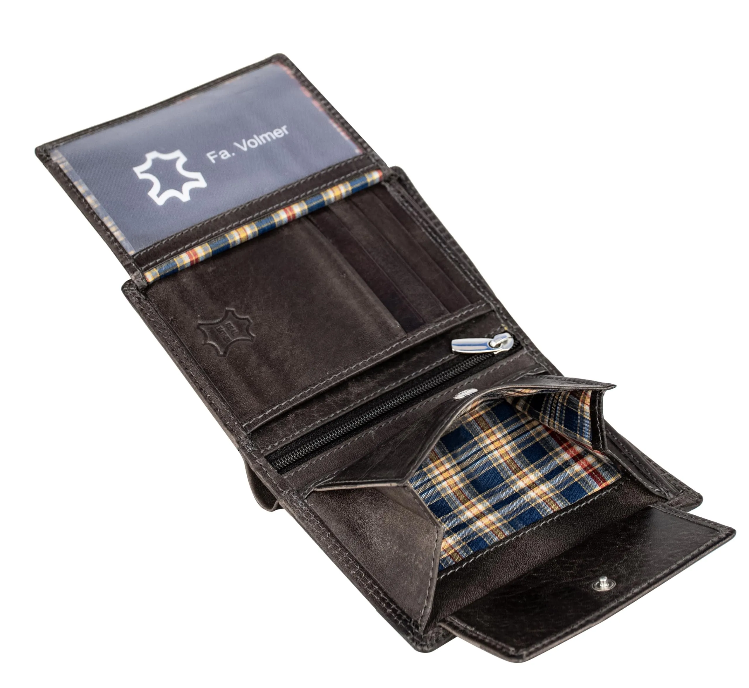 Fa.Volmer ® Portafoglio in vera pelle di bufalo I Portafoglio grande per uomo e donna I Protezione RFID certificata TÜV in colore marrone e nero, grigio, 12,5 x 9,5 x 2,5 cm, formato verticale - immagine 3