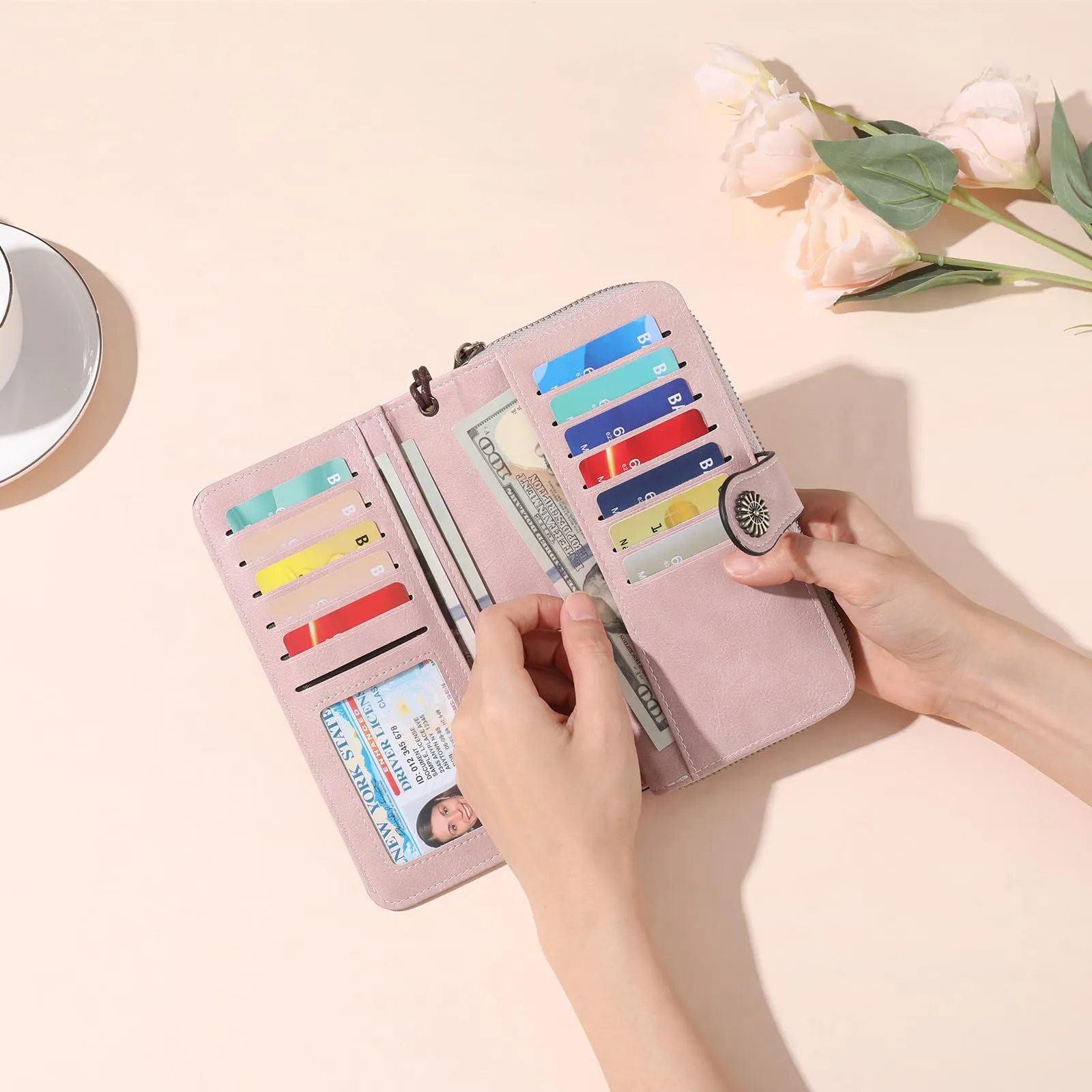 GOIACII Portafoglio Donna in Pelle PU con Blocco RFID Portafogli Grande Borsa Lunga da Donna Portamonete con 13 Scomparti per Carte - immagine 8