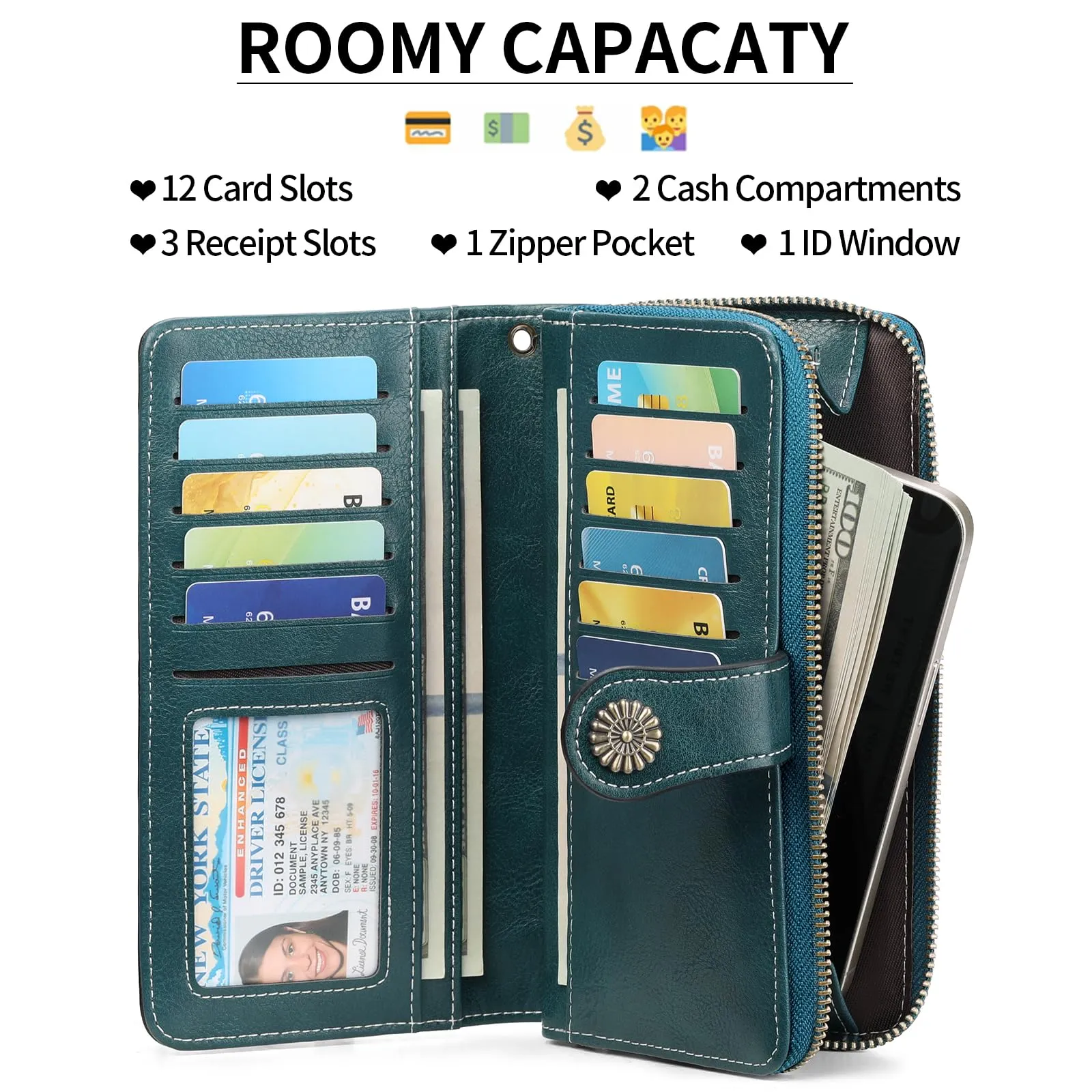 GOIACII Portafoglio Donna in Pelle PU con Blocco RFID Portafogli Grande Borsa Lunga da Donna Portamonete con 13 Scomparti per Carte - immagine 2