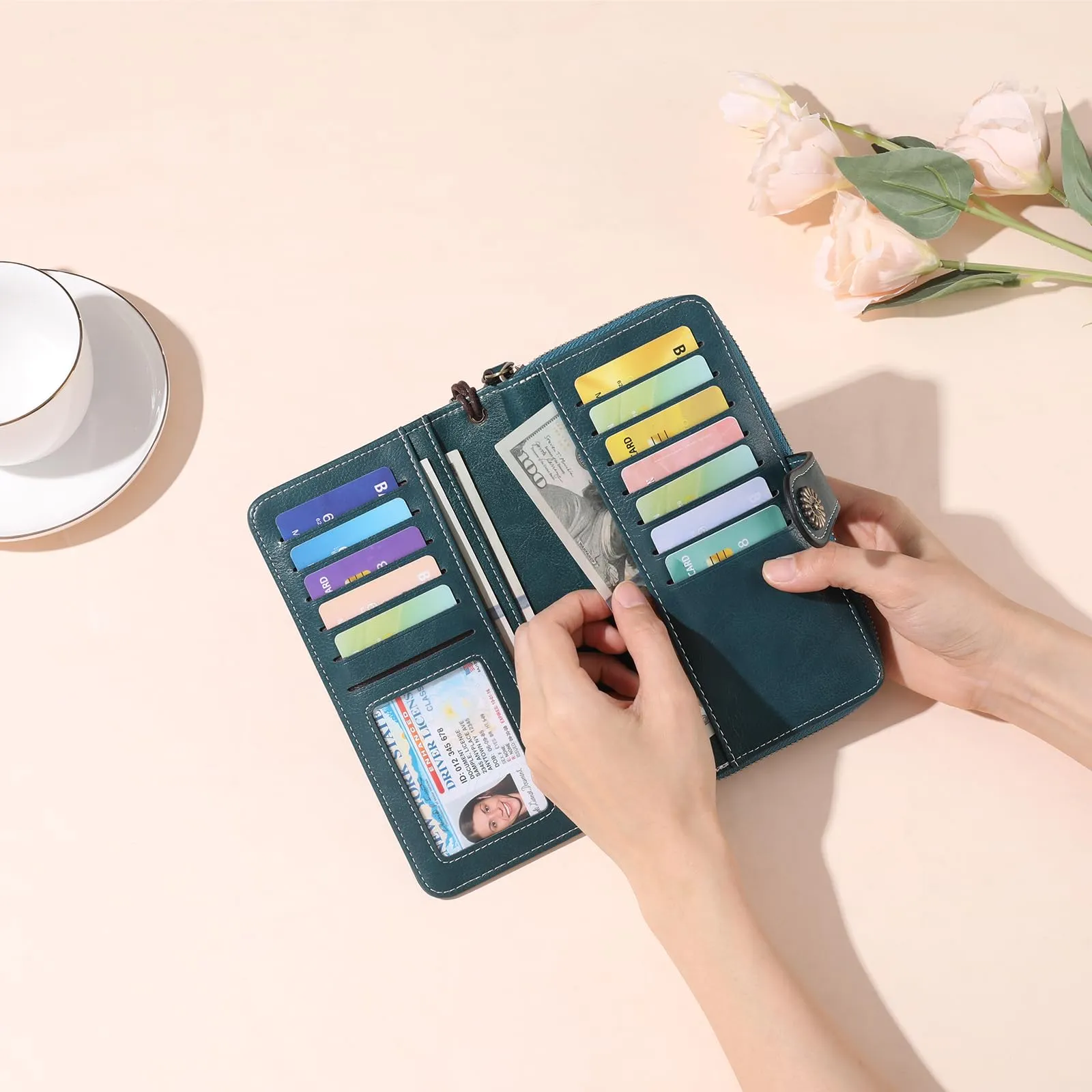 GOIACII Portafoglio Donna in Pelle PU con Blocco RFID Portafogli Grande Borsa Lunga da Donna Portamonete con 13 Scomparti per Carte - immagine 8