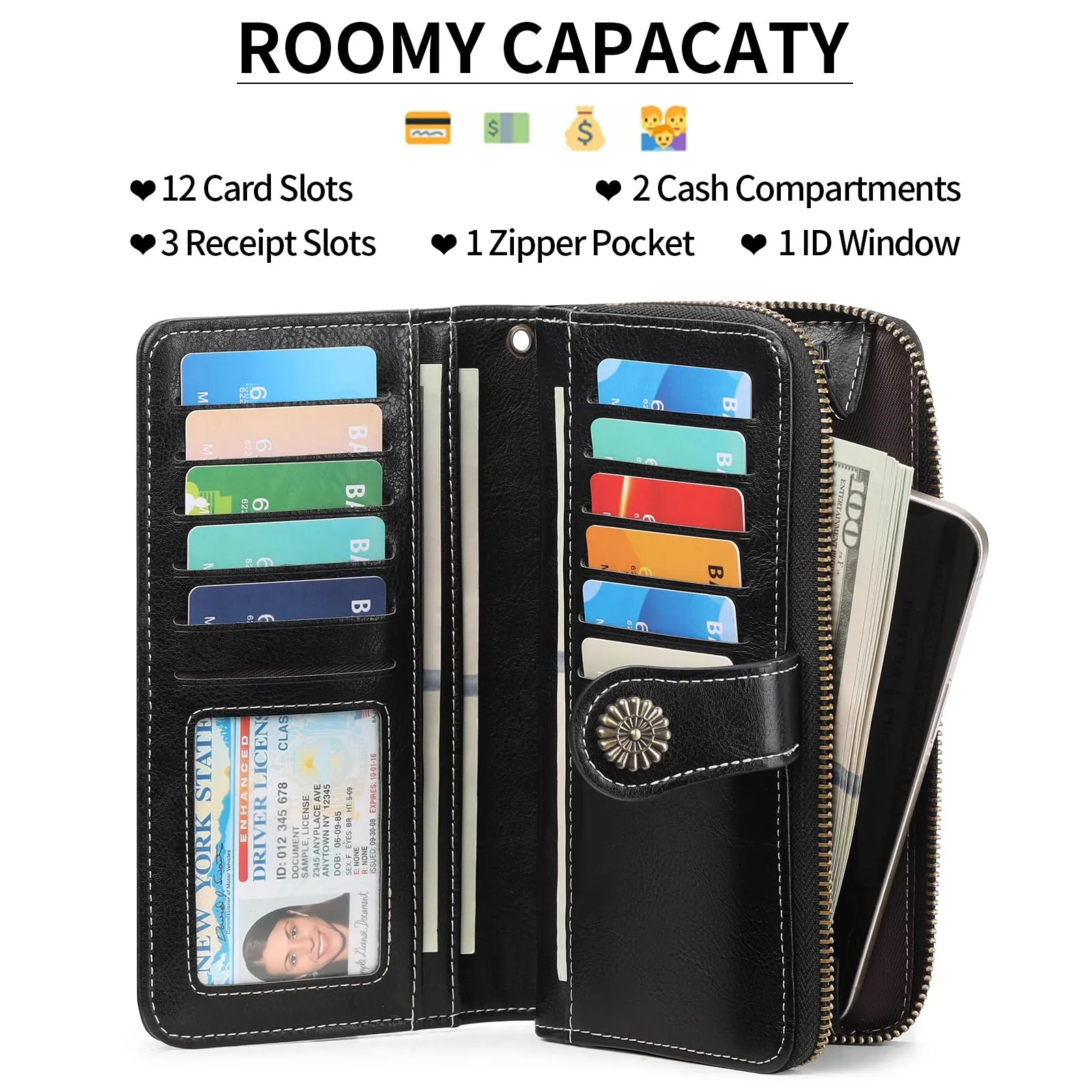 GOIACII Portafoglio Donna in Pelle PU con Blocco RFID Portafogli Grande Borsa Lunga da Donna Portamonete con 13 Scomparti per Carte - immagine 2