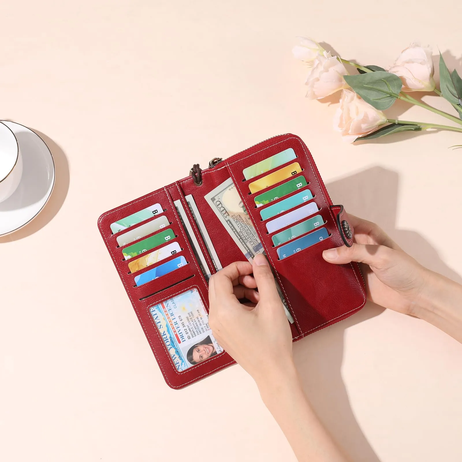GOIACII Portafoglio Donna in Pelle PU con Blocco RFID Portafogli Grande Borsa Lunga da Donna Portamonete con 13 Scomparti per Carte - immagine 8