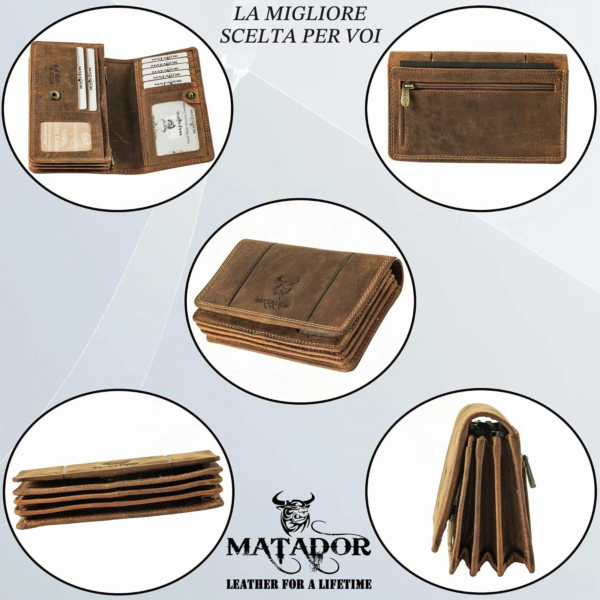 Matador Portafoglio Donna Grande in Vera Pelle RFID, Marrone Vintage - immagine 4