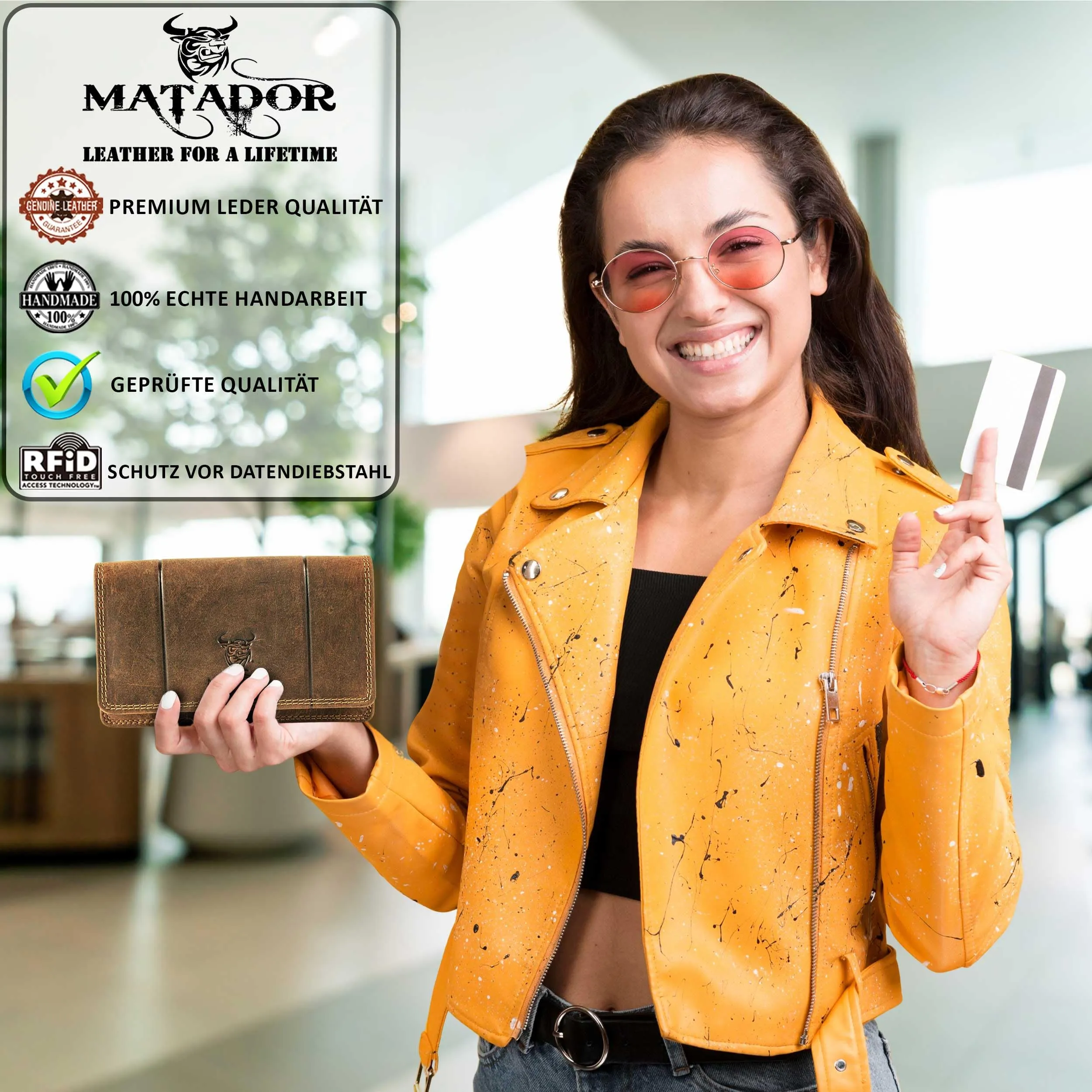 Matador Portafoglio Donna Grande in Vera Pelle RFID, Marrone Vintage - immagine 6