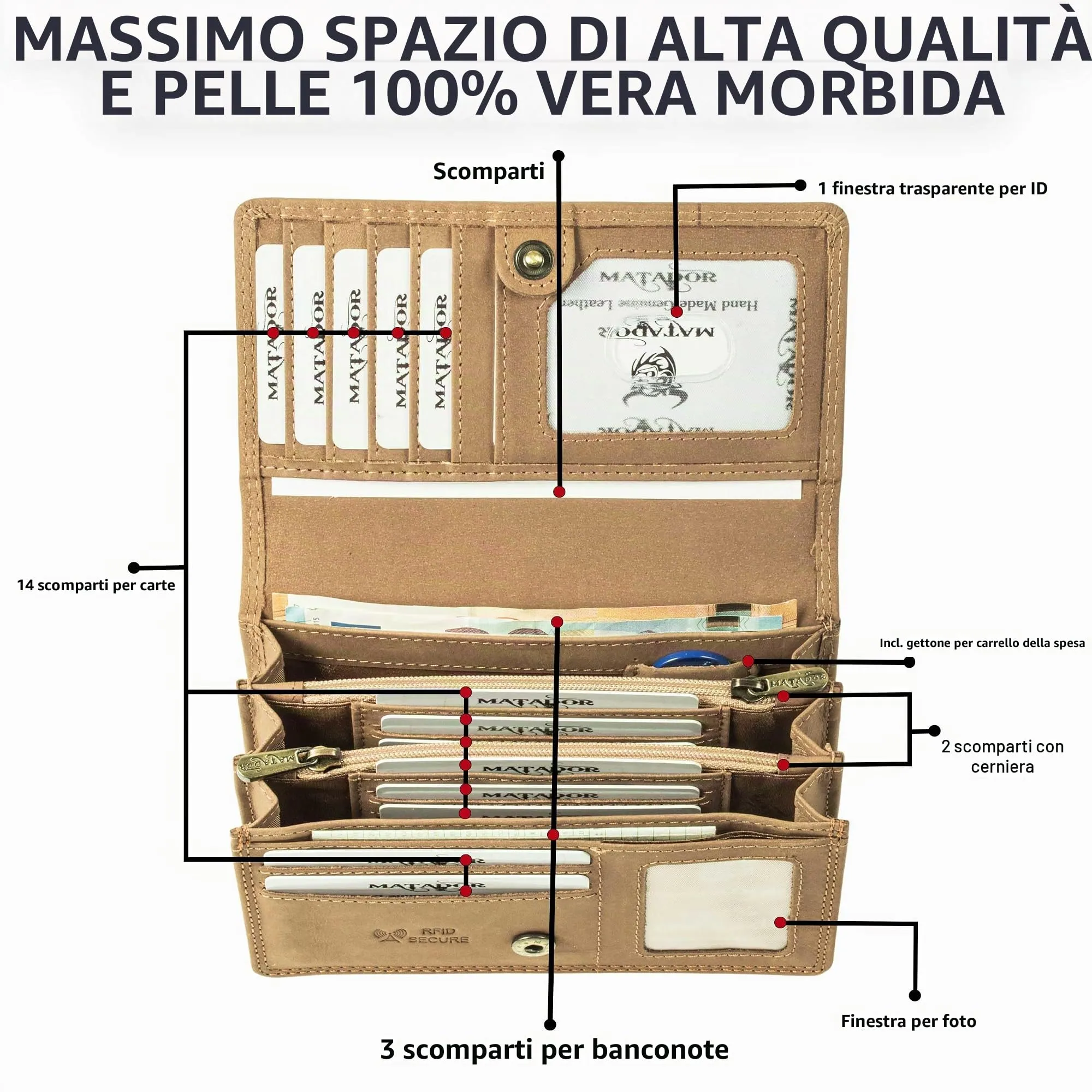 Matador Portafoglio Donna Grande in Vera Pelle RFID, Marrone Chiaro - immagine 2