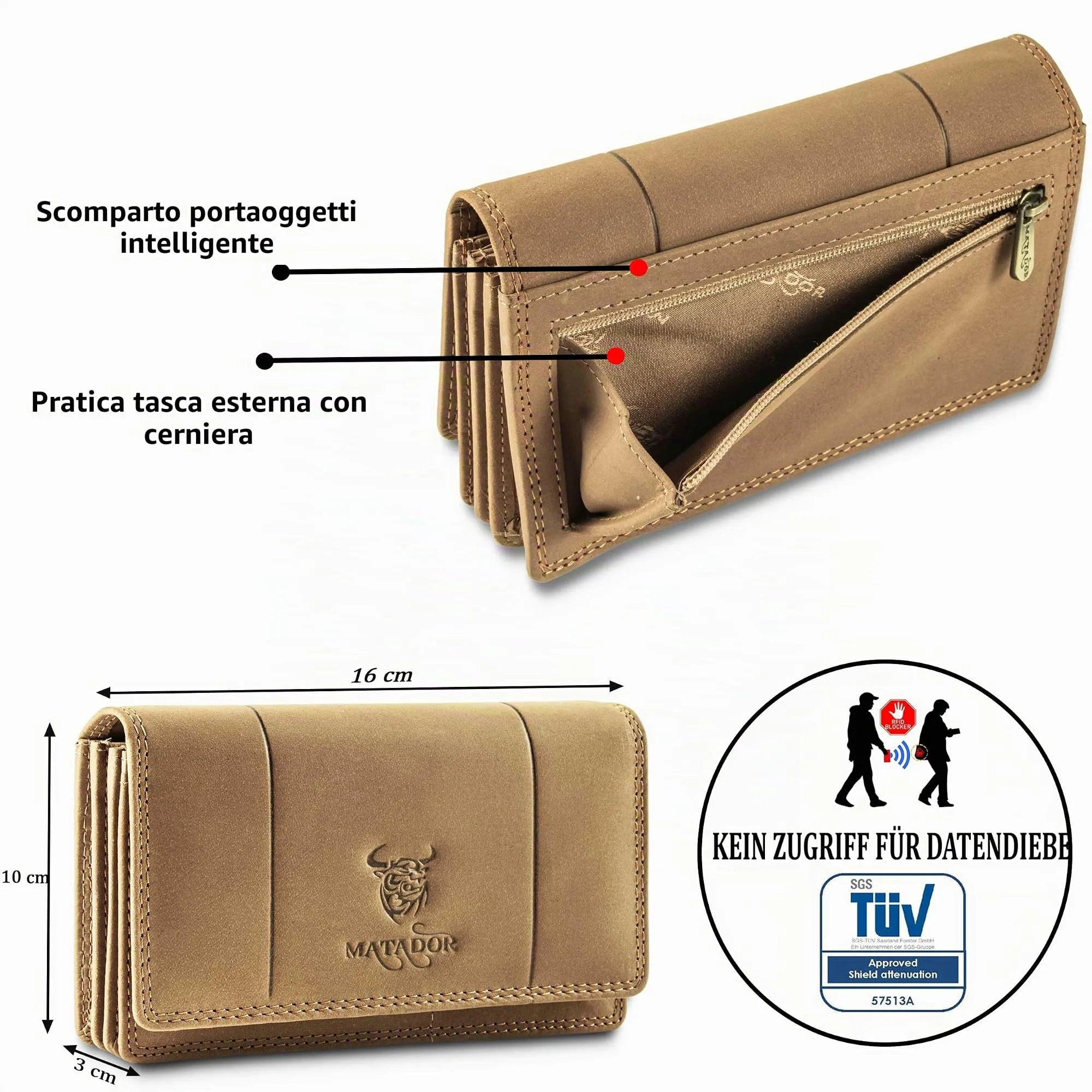 Matador Portafoglio Donna Grande in Vera Pelle RFID, Marrone Chiaro - immagine 3
