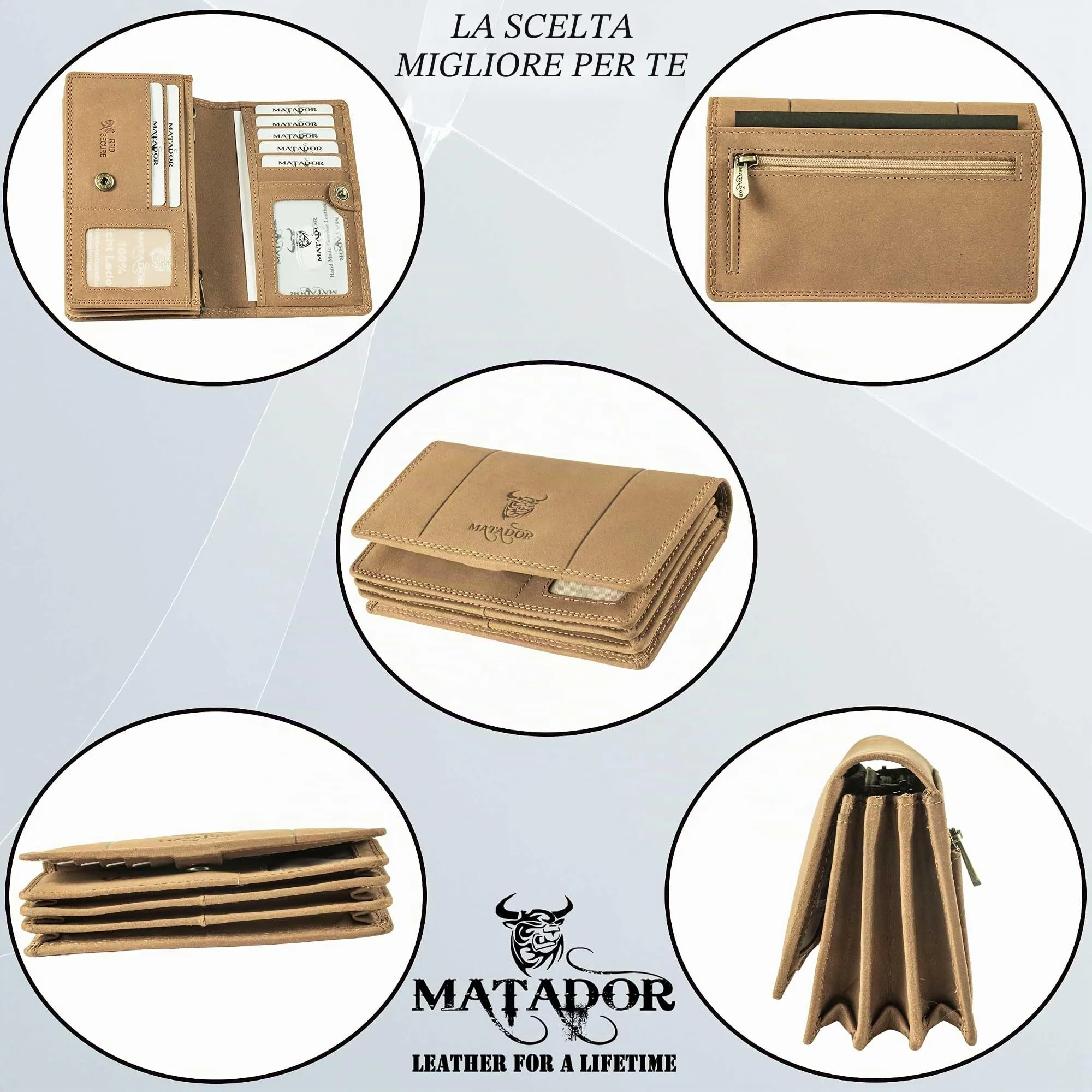 Matador Portafoglio Donna Grande in Vera Pelle RFID, Marrone Chiaro - immagine 4