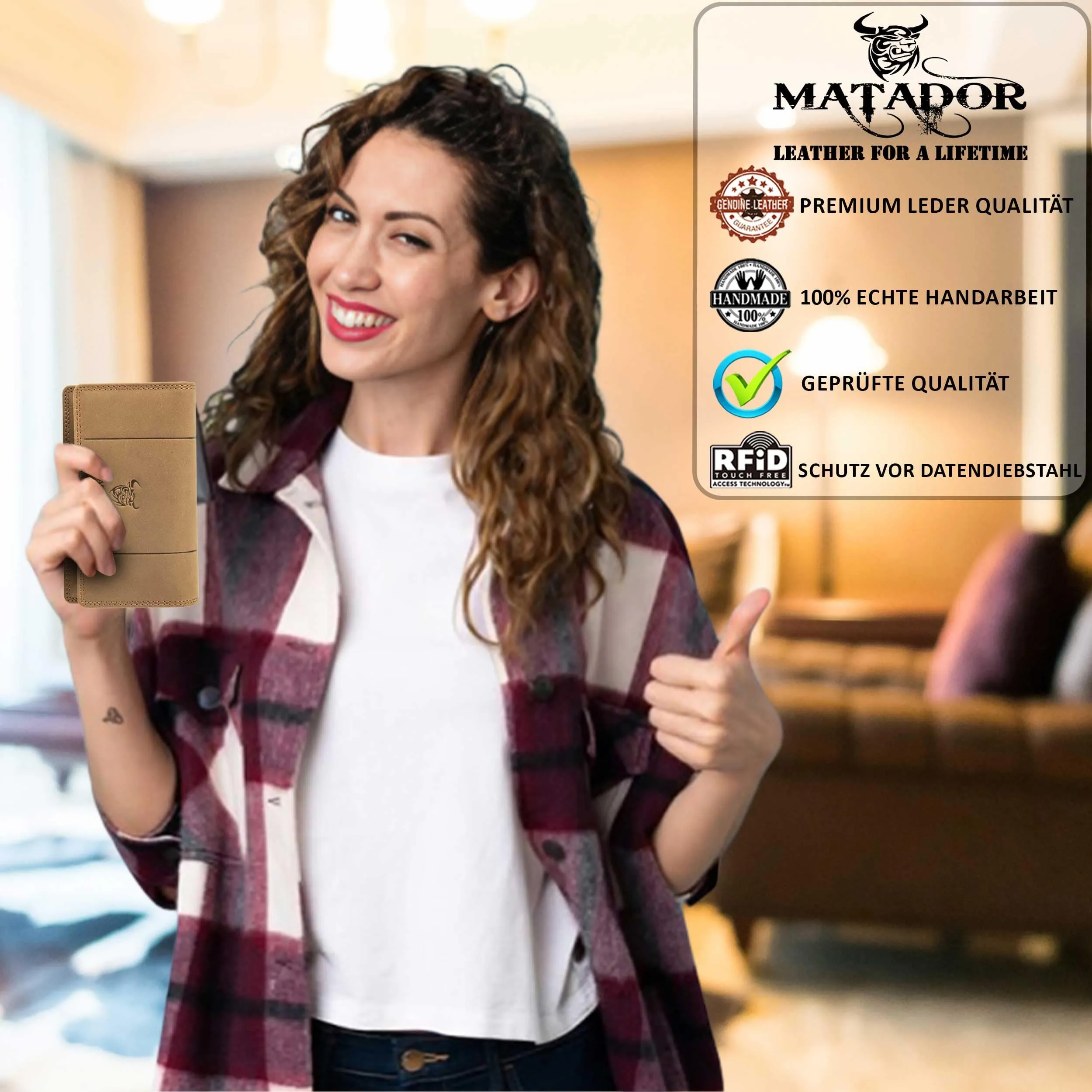 Matador Portafoglio Donna Grande in Vera Pelle RFID, Marrone Chiaro - immagine 6