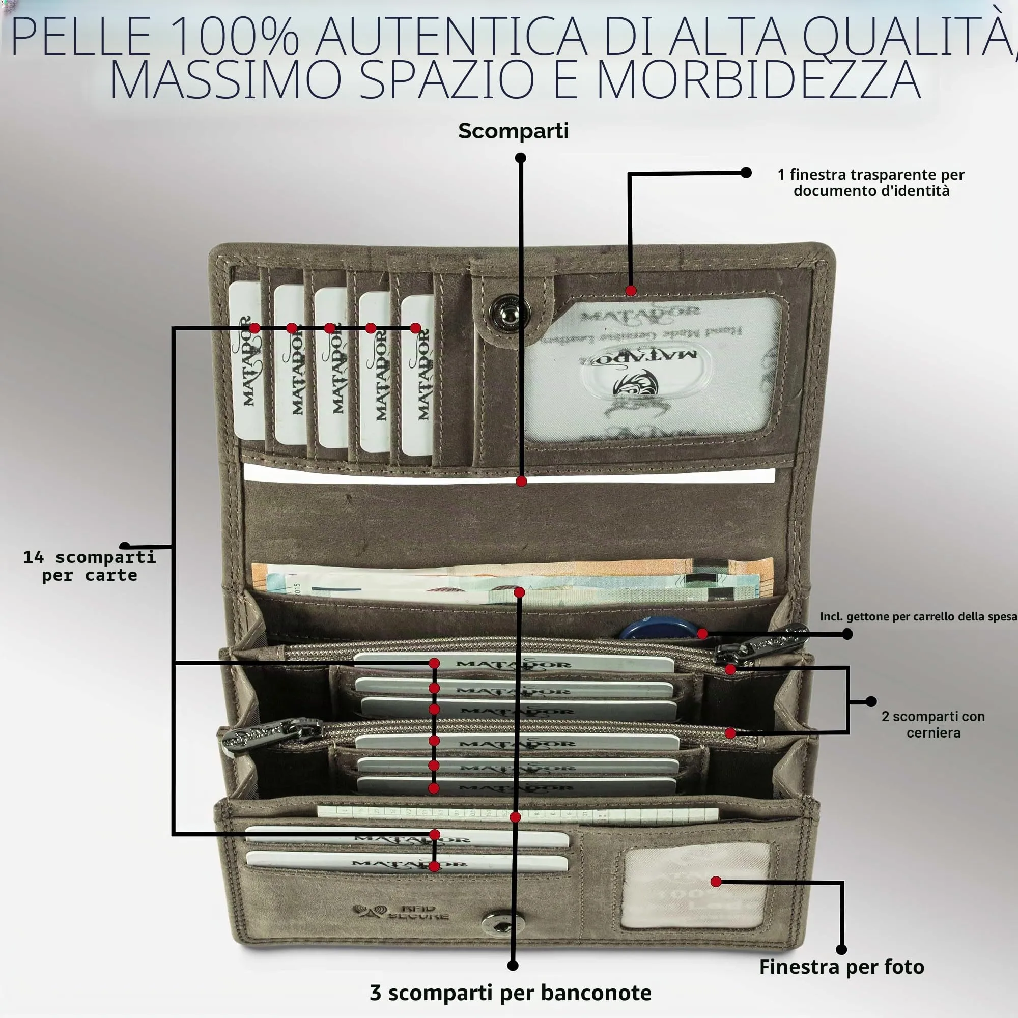 Matador Portafoglio Donna Grande in Vera Pelle RFID, Grigio - immagine 2
