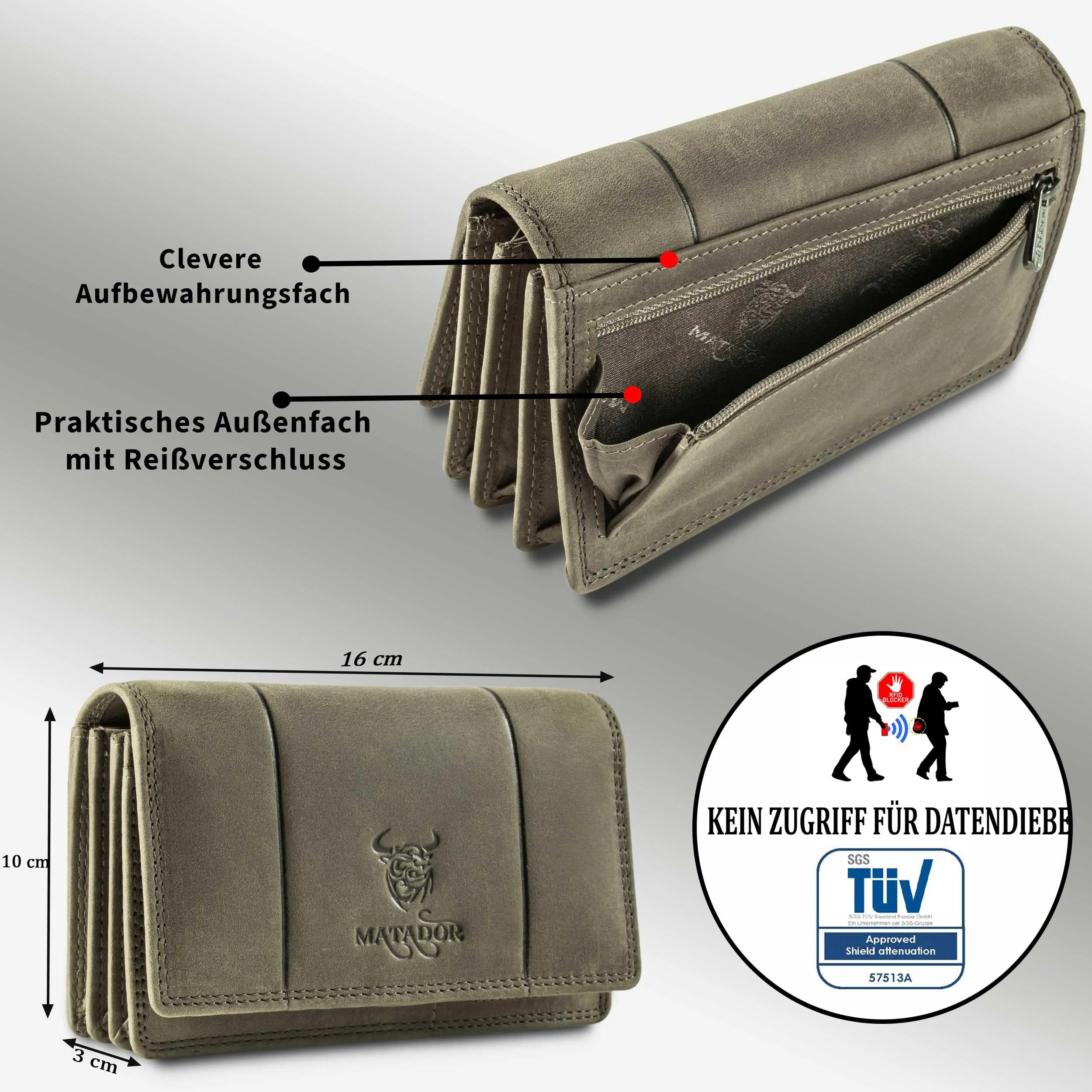 Matador Portafoglio Donna Grande in Vera Pelle RFID, Grigio - immagine 3