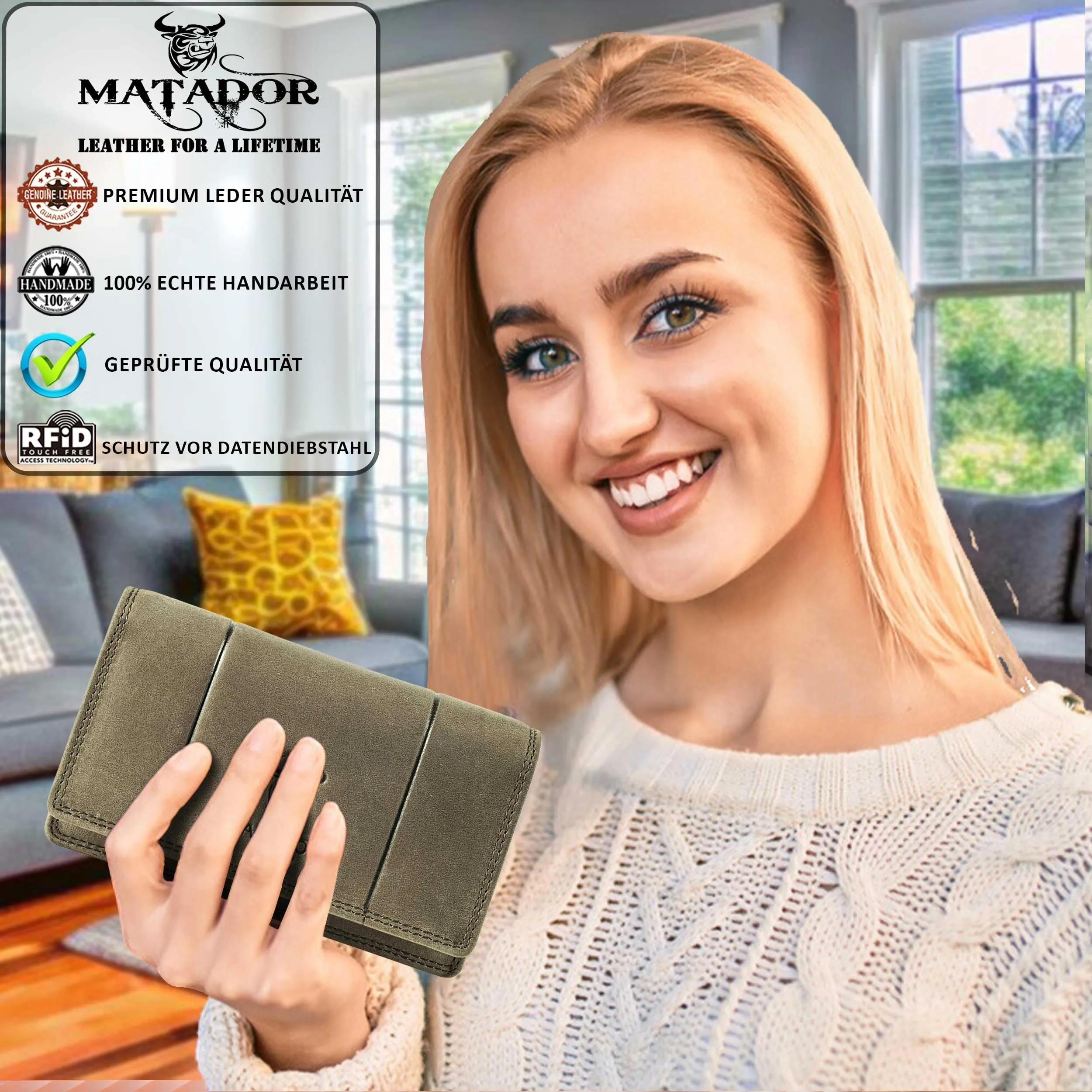 Matador Portafoglio Donna Grande in Vera Pelle RFID, Grigio - immagine 6