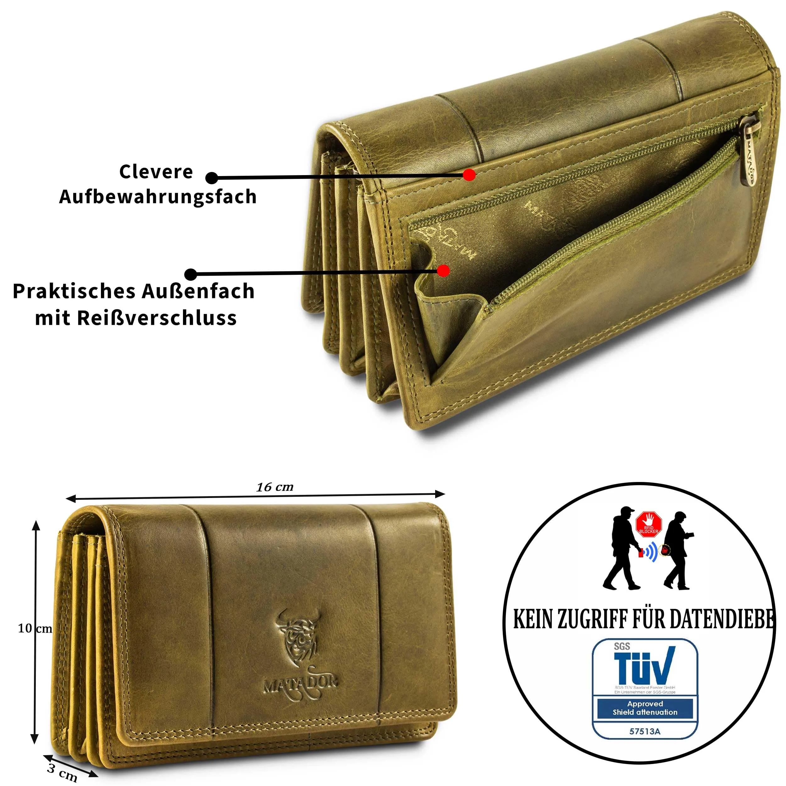 Matador Portafoglio Donna Grande in Vera Pelle RFID, Verde Chiaro - immagine 3