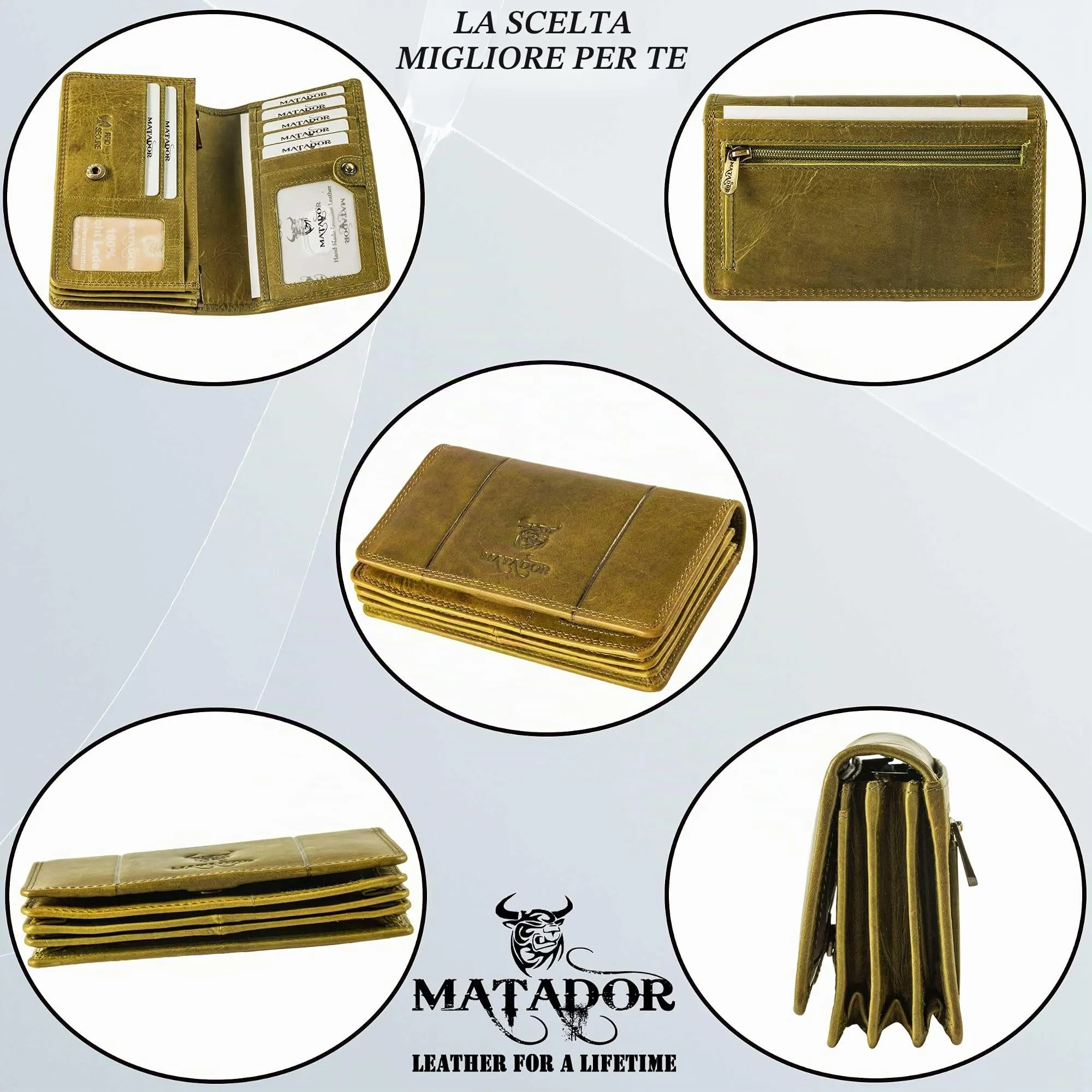 Matador Portafoglio Donna Grande in Vera Pelle RFID, Verde Chiaro - immagine 4