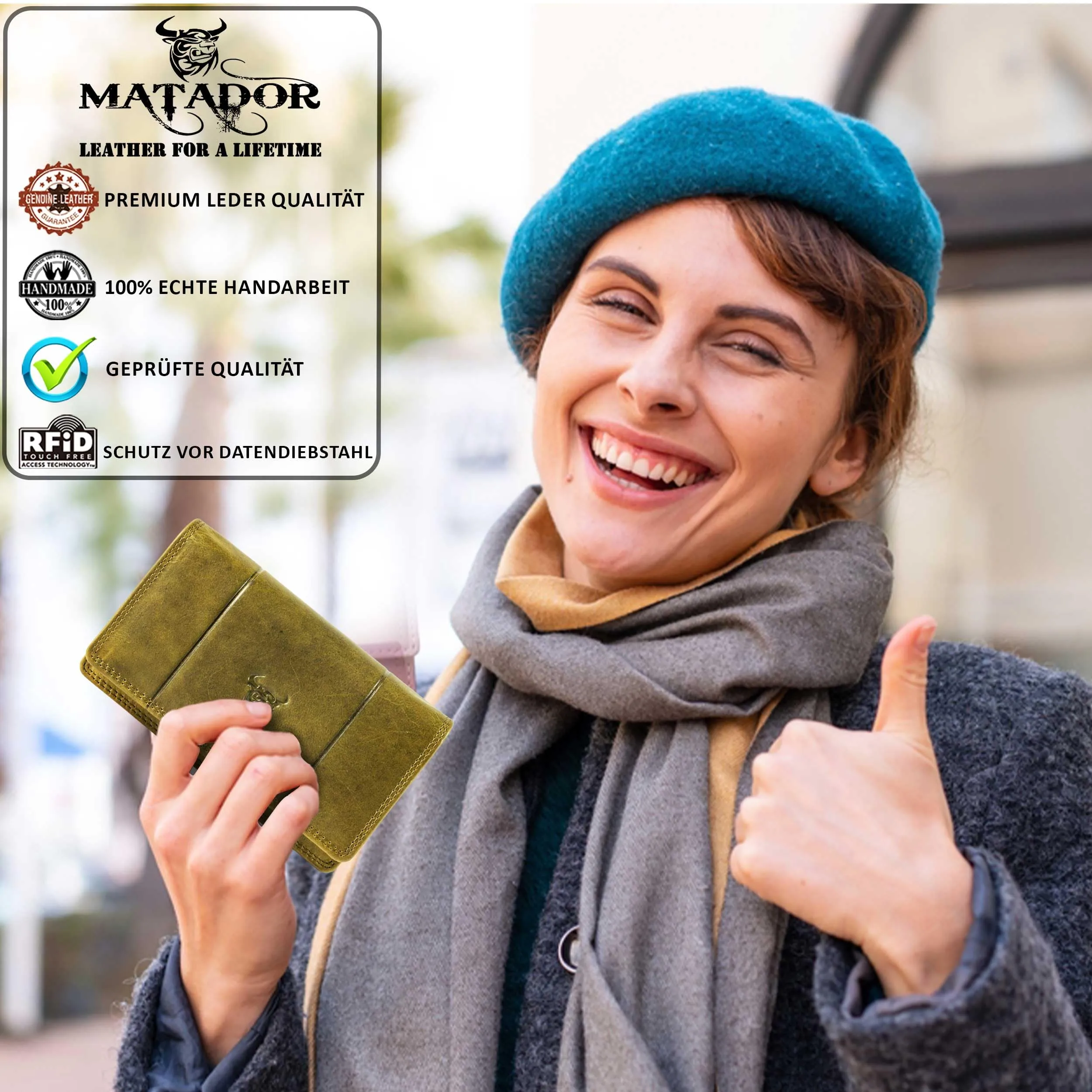 Matador Portafoglio Donna Grande in Vera Pelle RFID, Verde Chiaro - immagine 6