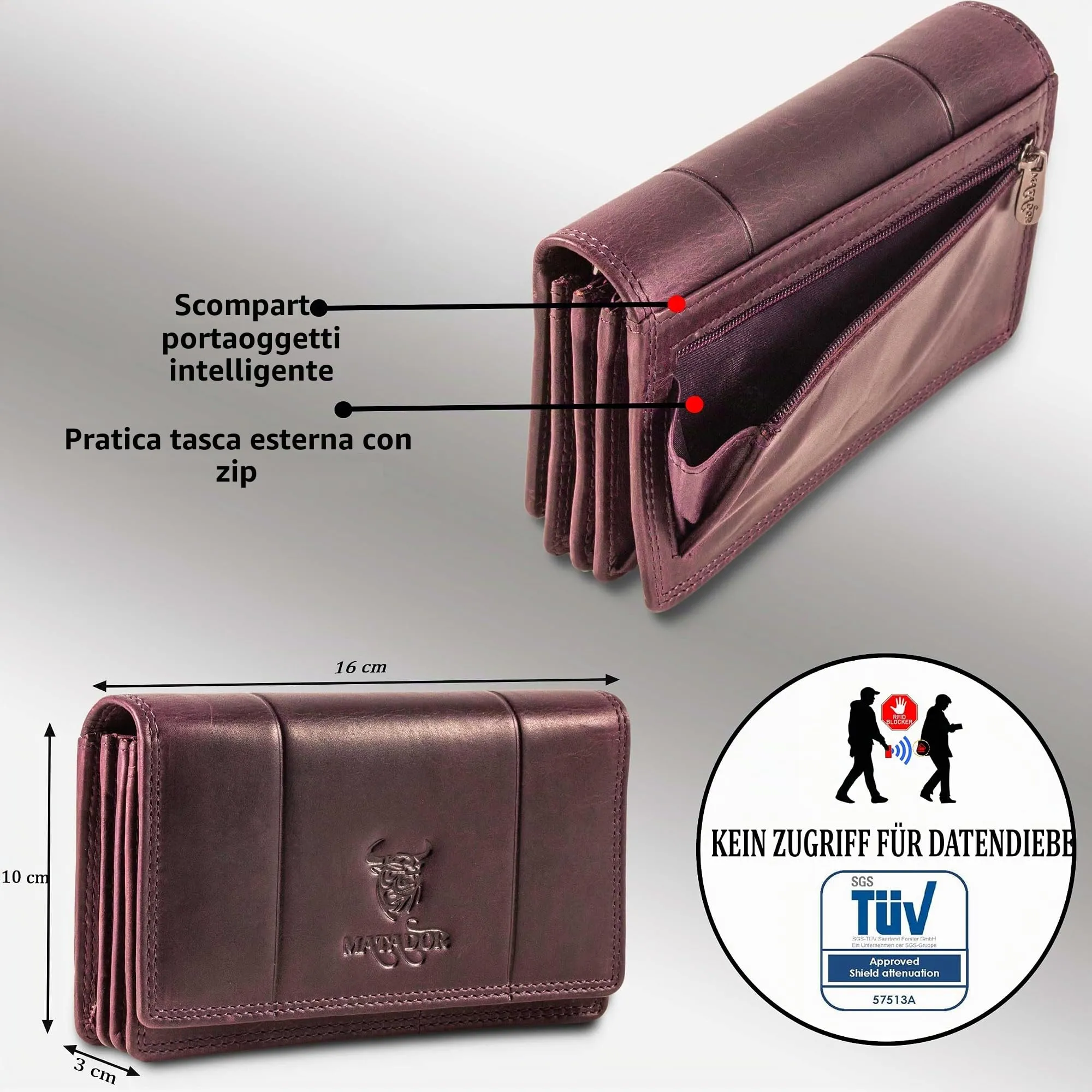 Matador Portafoglio Donna Grande in Vera Pelle RFID, Viola - immagine 3