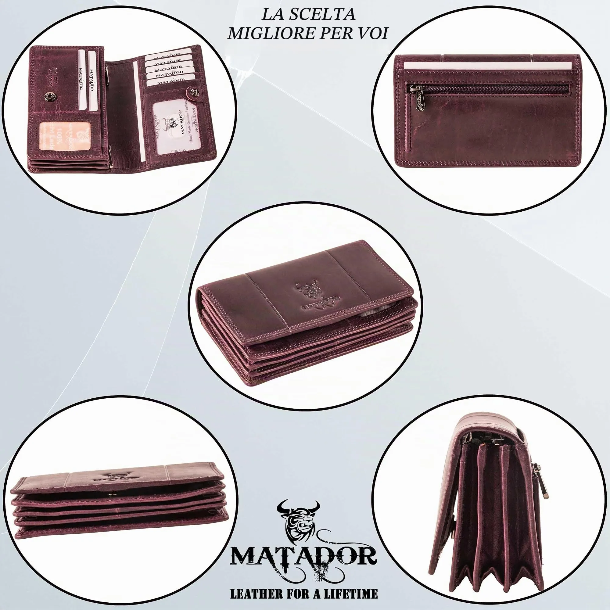 Matador Portafoglio Donna Grande in Vera Pelle RFID, Viola - immagine 4