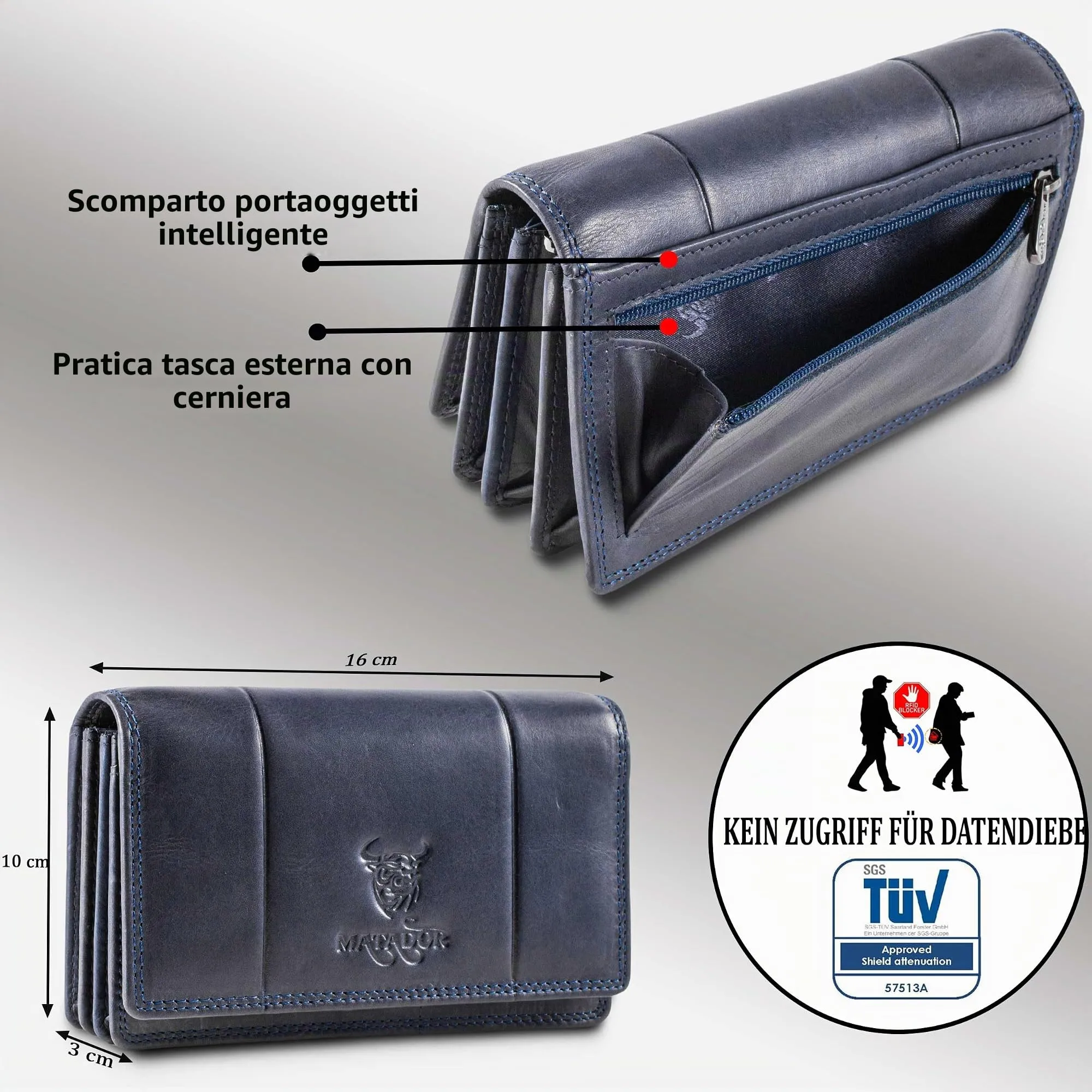 Matador Portafoglio Donna Grande in Vera Pelle RFID, Blu Navy - immagine 3