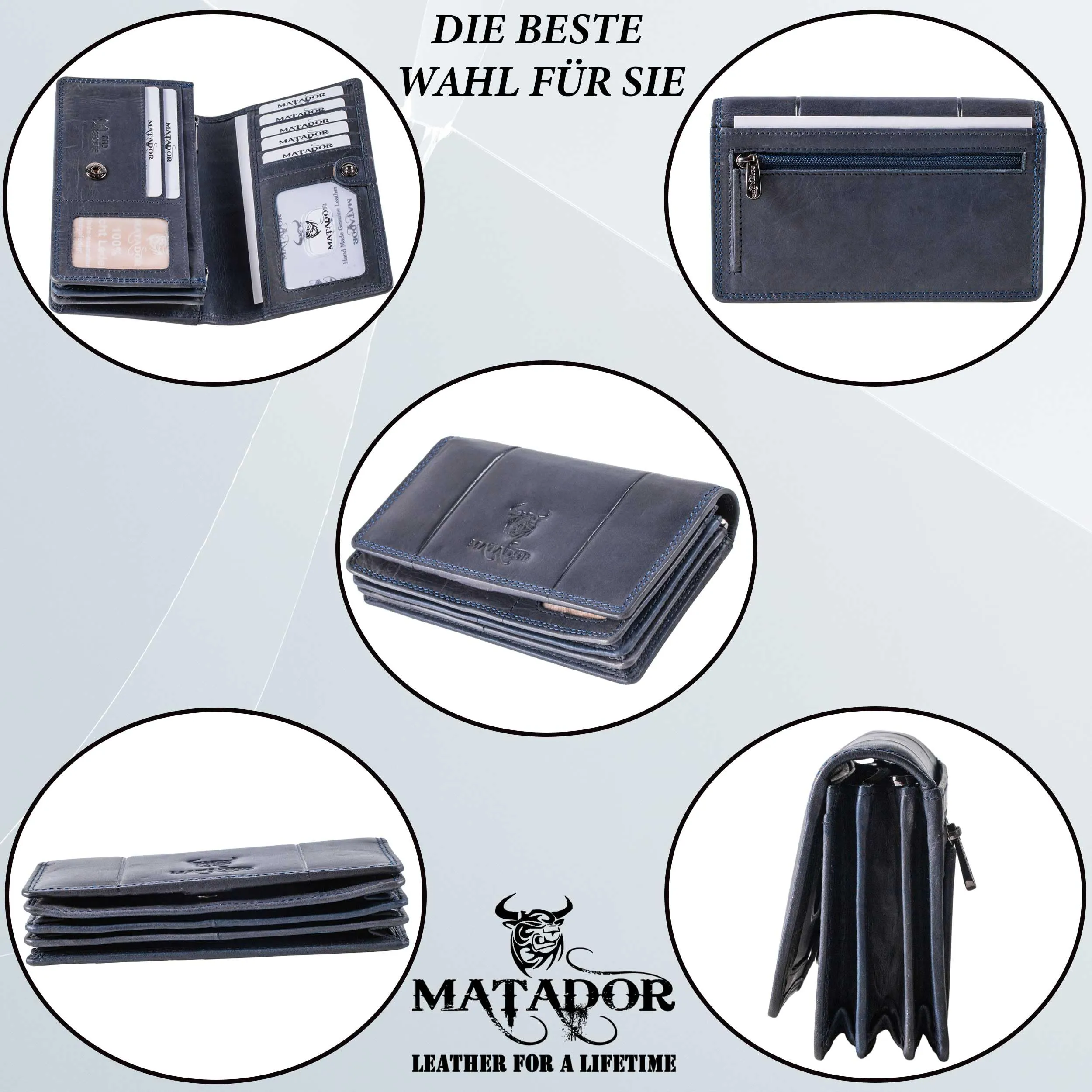 Matador Portafoglio Donna Grande in Vera Pelle RFID, Blu Navy - immagine 4