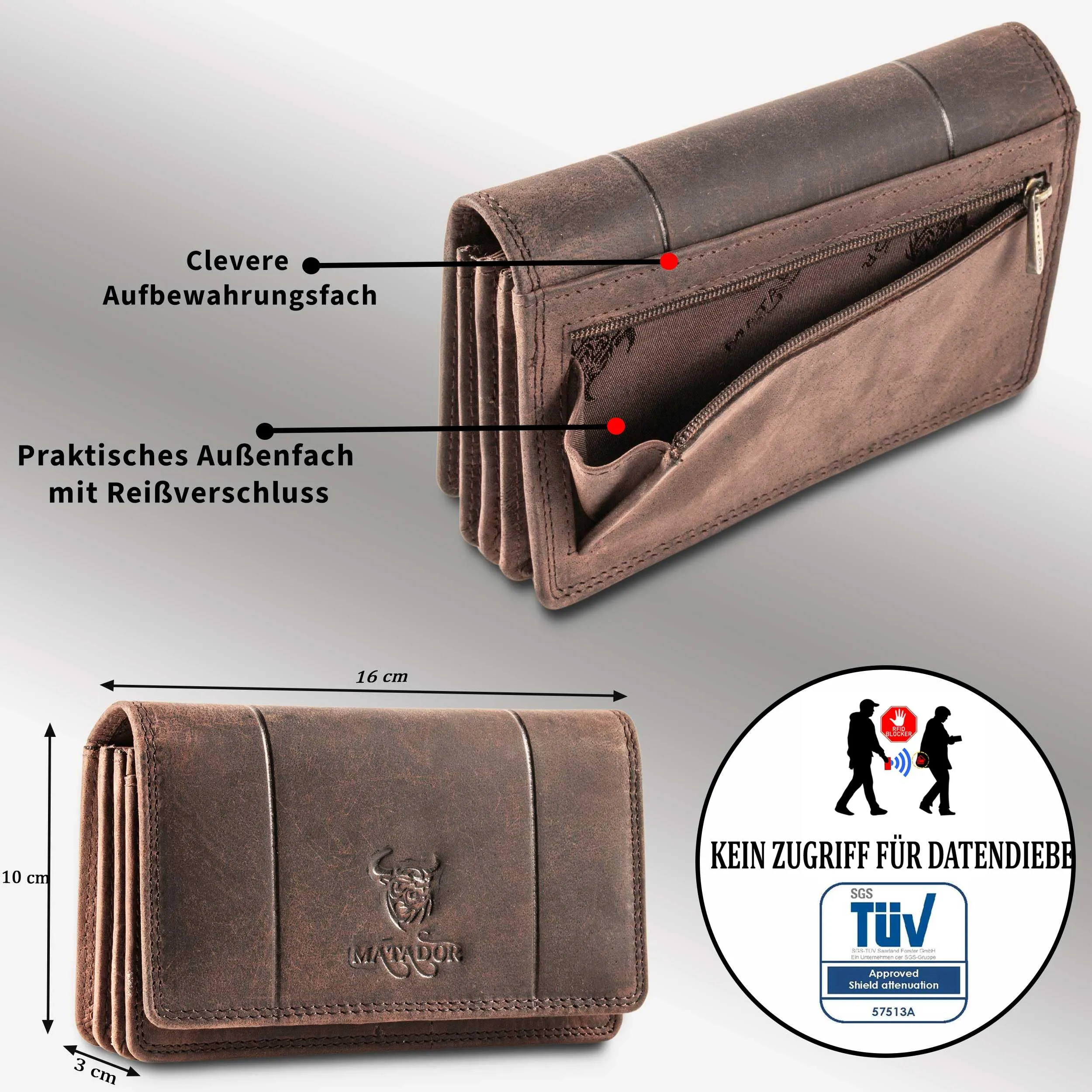 Matador Portafoglio Donna Grande in Vera Pelle RFID, Marrone Scuro - immagine 3