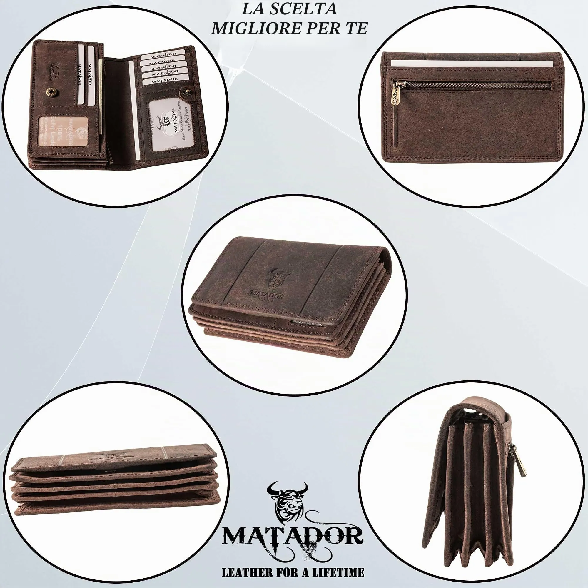 Matador Portafoglio Donna Grande in Vera Pelle RFID, Marrone Scuro - immagine 4