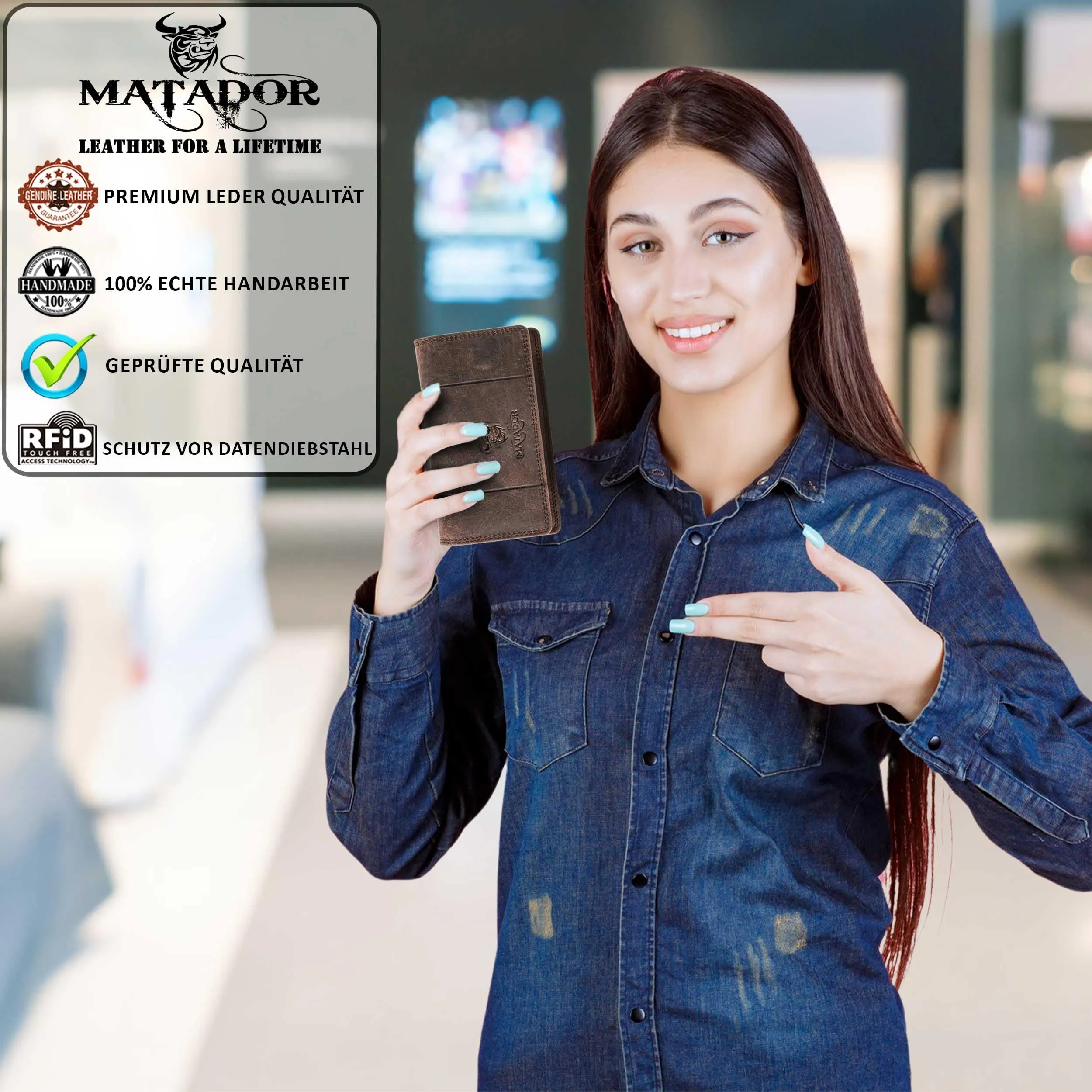 Matador Portafoglio Donna Grande in Vera Pelle RFID, Marrone Scuro - immagine 6