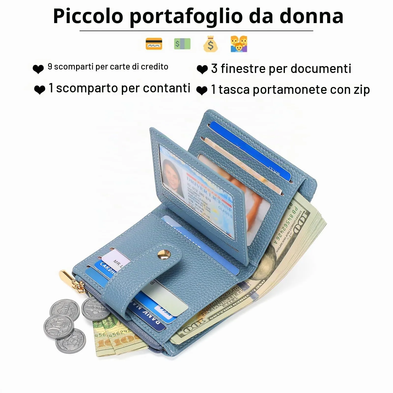 GOIACII Portafoglio Donna Piccolo in Pelle, RFID Blocco Portamonete Donna Sottile Porta Carte di Credito con 9 Scomparti per Carte e 3 Finestra di Identificazione - immagine 2