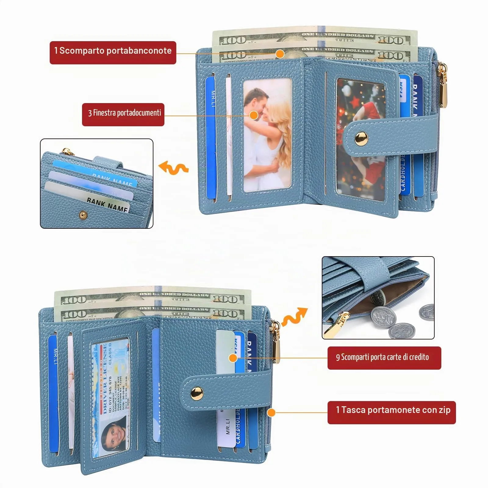 GOIACII Portafoglio Donna Piccolo in Pelle, RFID Blocco Portamonete Donna Sottile Porta Carte di Credito con 9 Scomparti per Carte e 3 Finestra di Identificazione - immagine 6