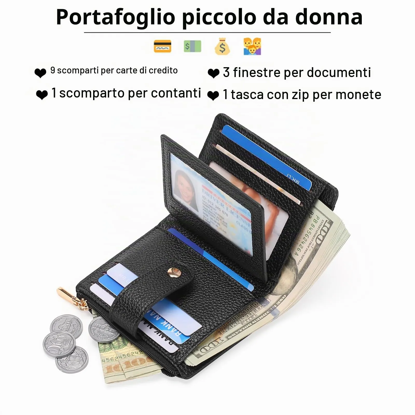 GOIACII Portafoglio Donna Piccolo in Pelle, RFID Blocco Portamonete Donna Sottile Porta Carte di Credito con 9 Scomparti per Carte e 3 Finestra di Identificazione - immagine 2