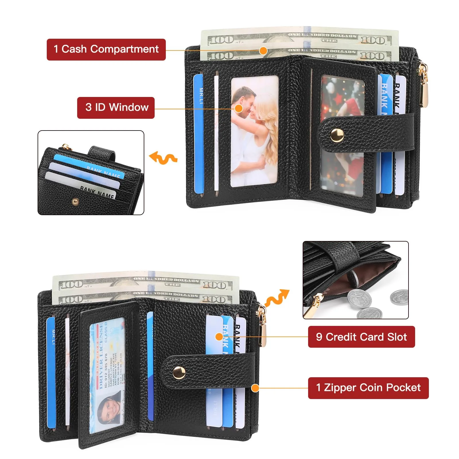 GOIACII Portafoglio Donna Piccolo in Pelle, RFID Blocco Portamonete Donna Sottile Porta Carte di Credito con 9 Scomparti per Carte e 3 Finestra di Identificazione - immagine 6