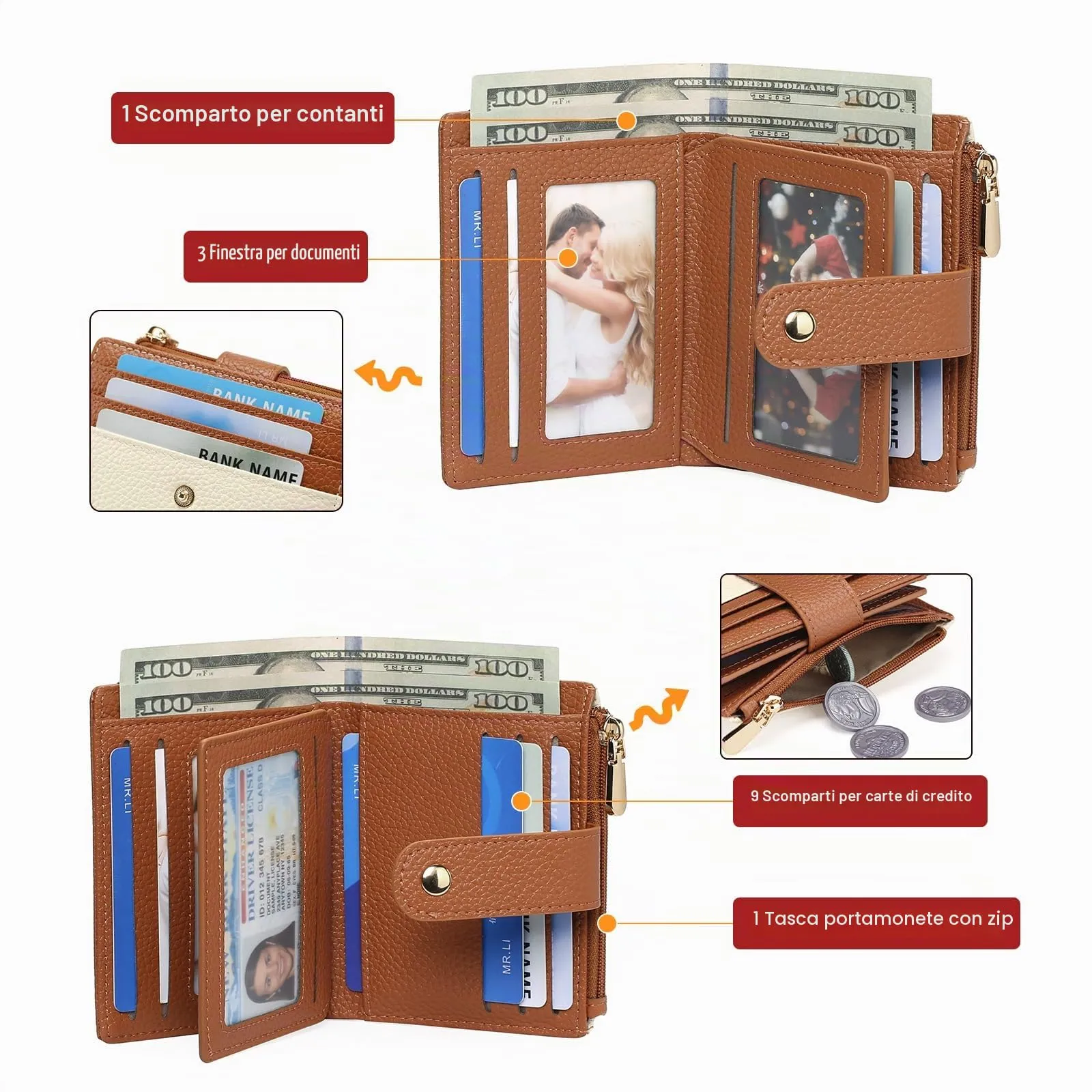 GOIACII Portafoglio Donna Piccolo in Pelle, RFID Blocco Portamonete Donna Sottile Porta Carte di Credito con 9 Scomparti per Carte e 3 Finestra di Identificazione - immagine 3