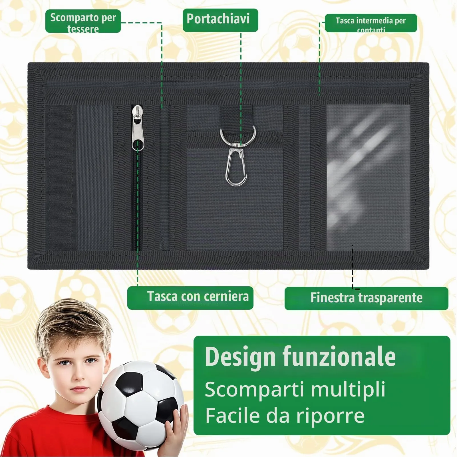 GADITIEK Portafoglio Bambino, Portafogli Bambini Trifold con Cordino, portafoglio ragazzo per Bambini di Età Compresa Tra 5 e 12 Anni Regalo di Natale di Compleanno (Razzo) (calcio) - immagine 3
