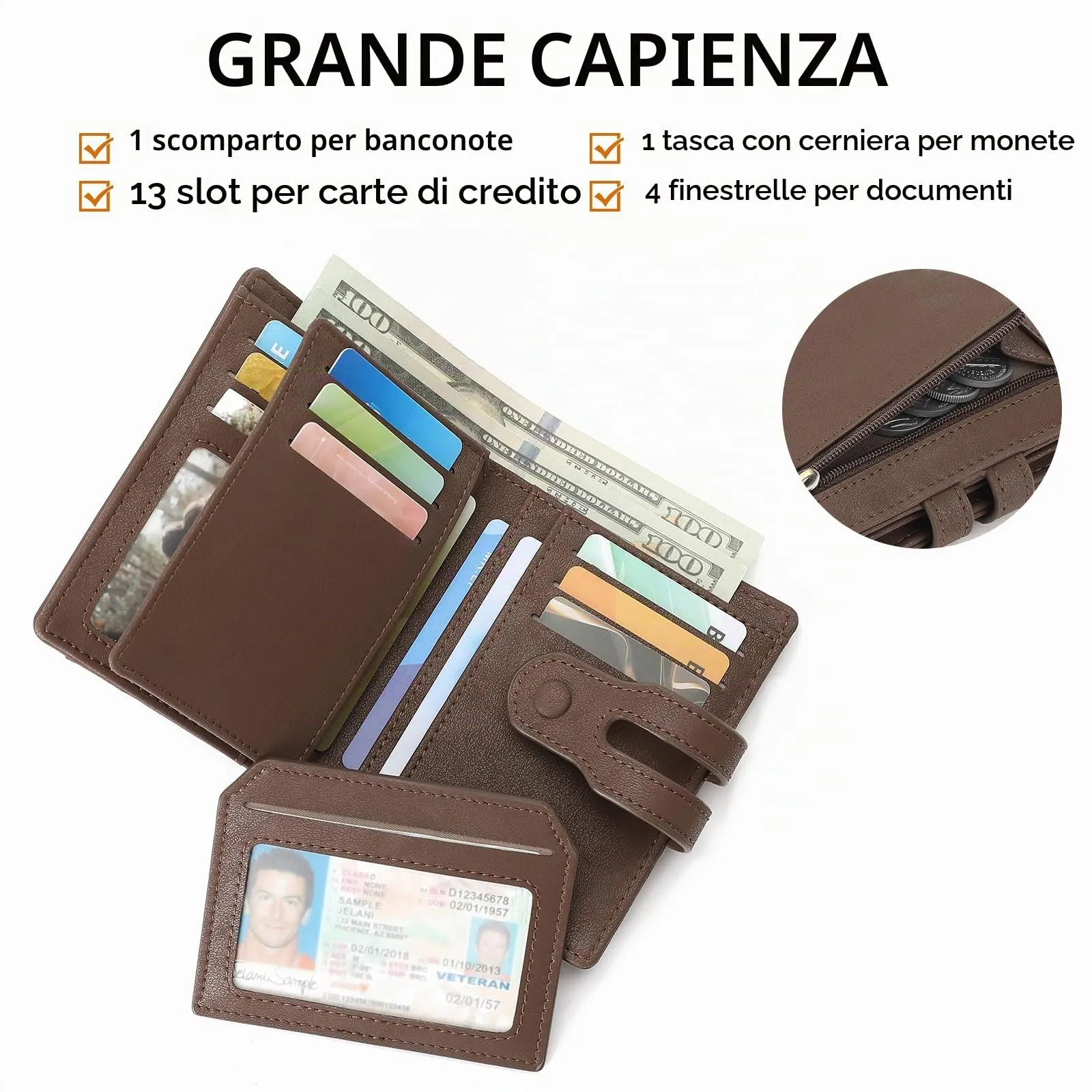 SENDEFN Portafoglio Uomo Portamonete con RFID Blocking Portafogli con 13 Slot per Carte Credito, 1 Tasca Portamonete, 1 Scomparti Banconote, 4 ID Window & Foto Window Portafoglio In Pelle - immagine 2