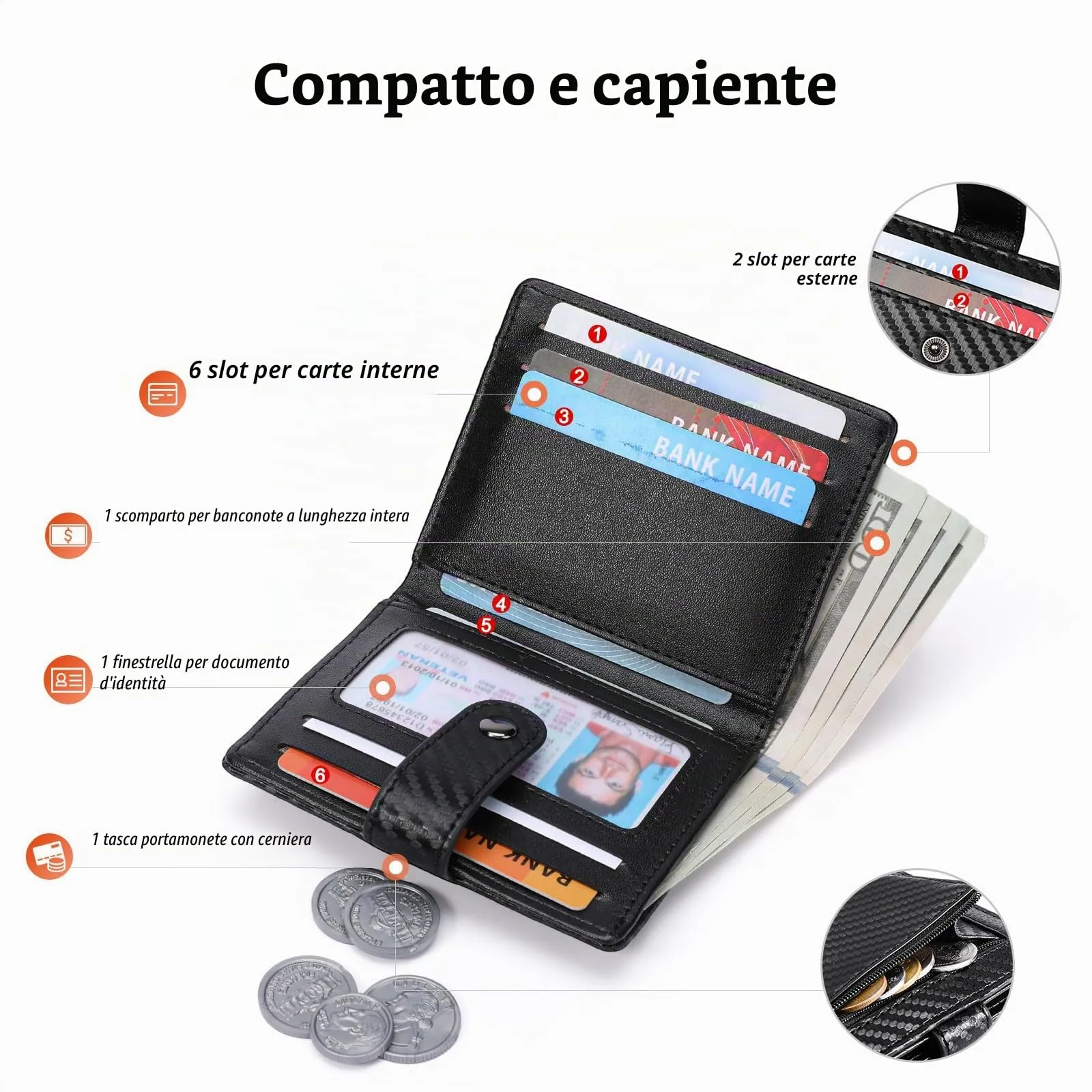 GAEKEAO Portafoglio Uomo, Portacarte con Scomparto per Monete e Protezione RFID, Portafoglio Uomo in Pelle con Tasca con Cerniera - immagine 2
