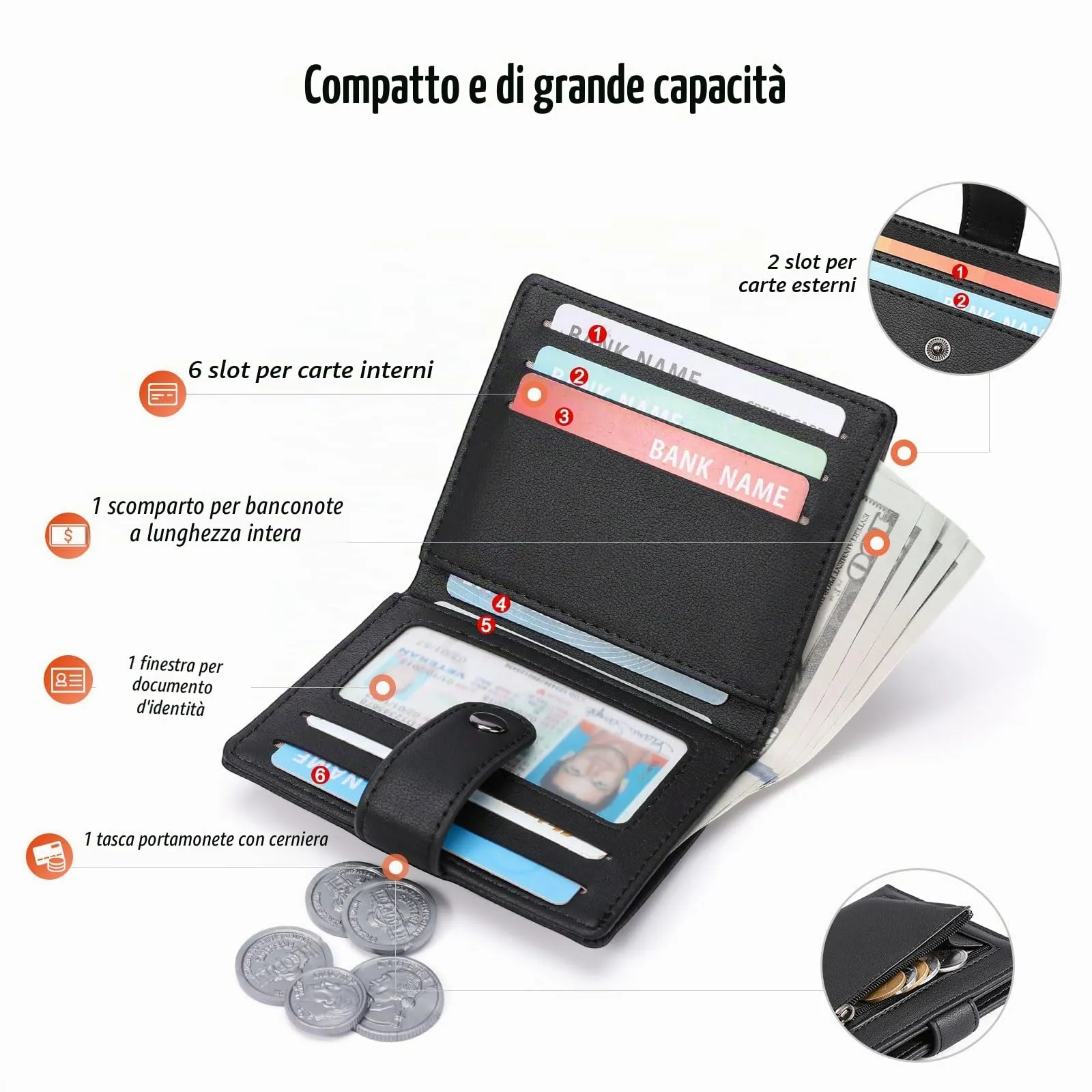 GAEKEAO Portafoglio Uomo, Portacarte con Scomparto per Monete e Protezione RFID, Portafoglio Uomo in Pelle con Tasca con Cerniera - immagine 2