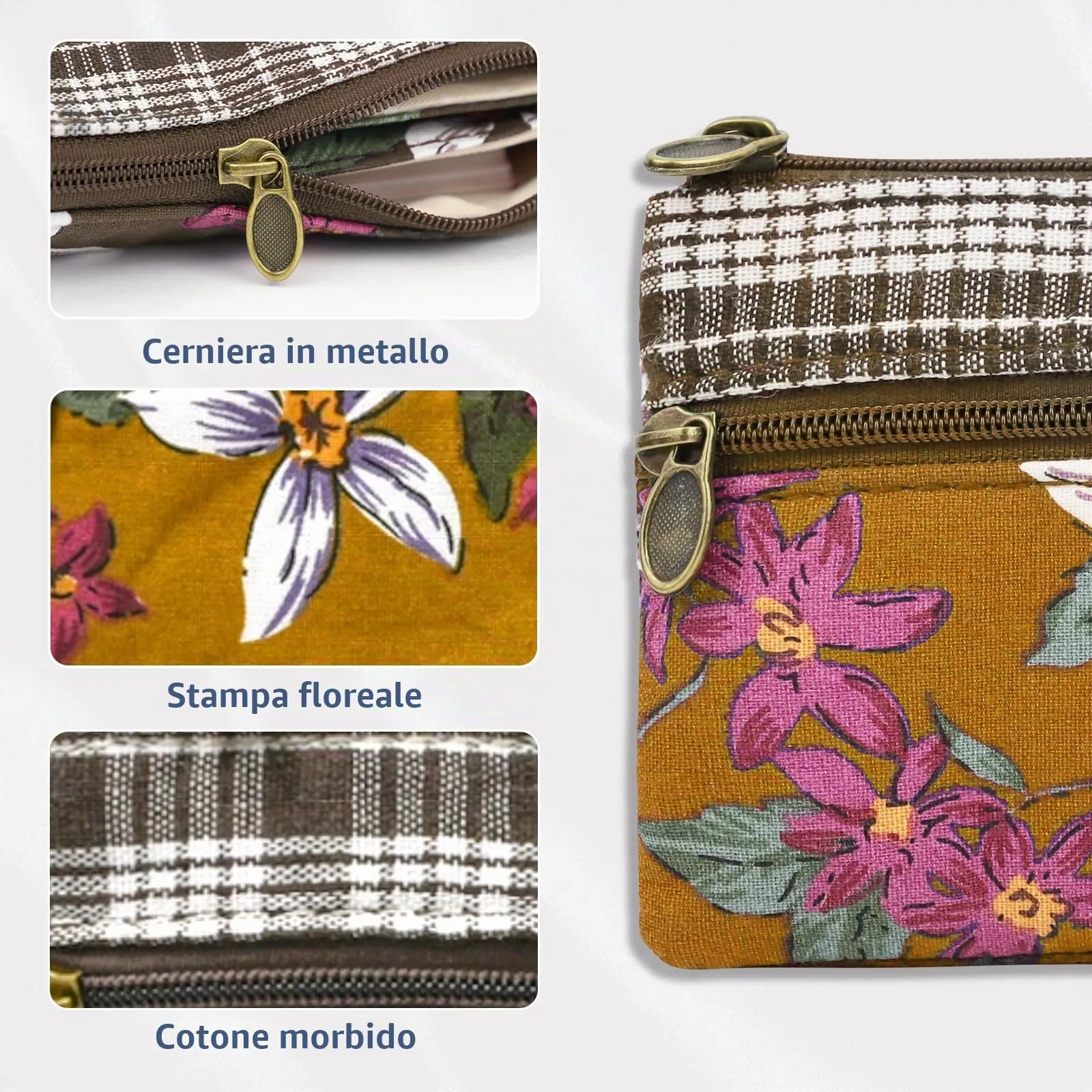 Energather Piccolo portafoglio in cotone per donna e ragazza - Piccolo portamonete con chiusura zip - Scatola per monete, carte, ricevute e monete, arancione, S, Casuale - immagine 3