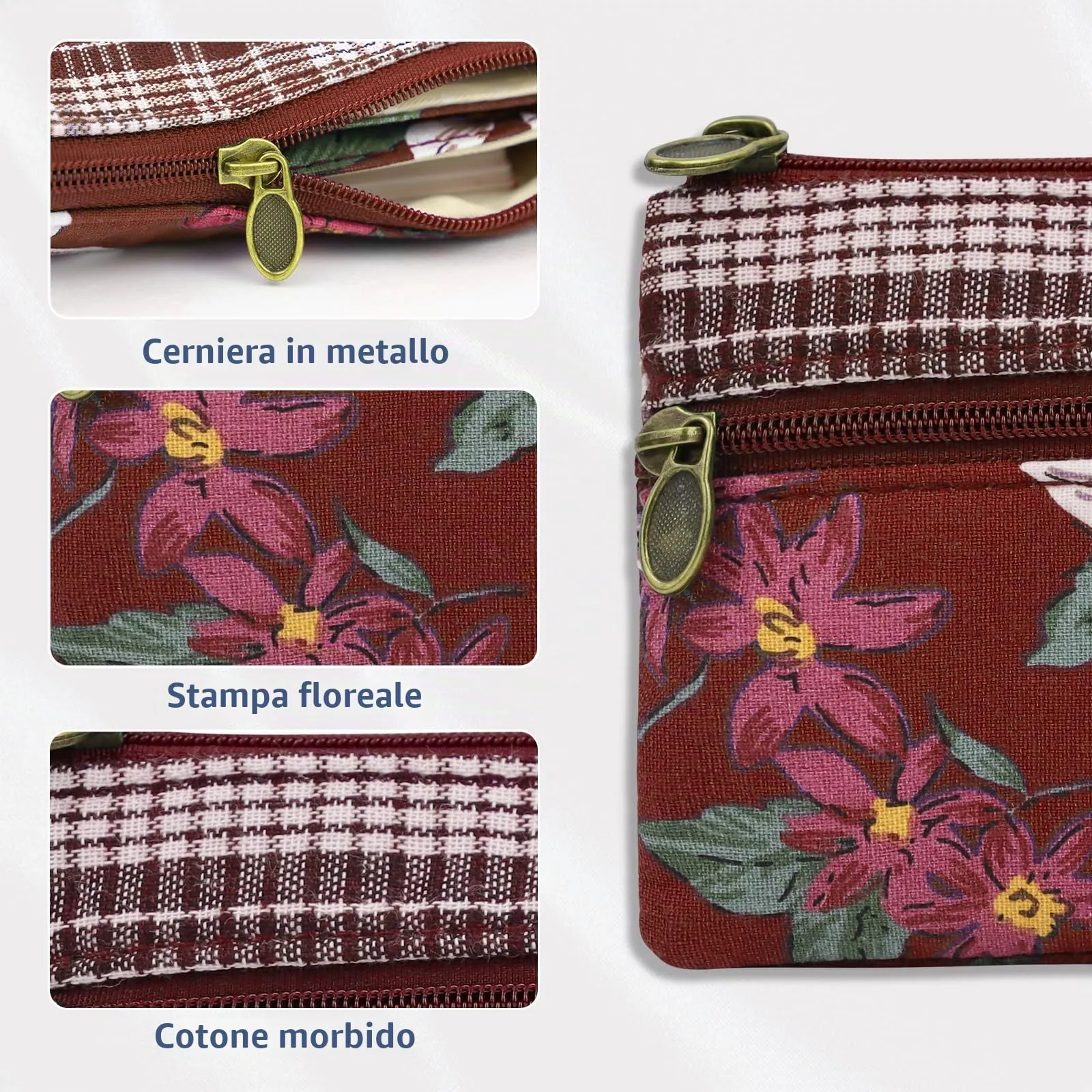 Energather Piccolo portamonete in cotone per donna e ragazza - Piccolo portamonete con chiusura zip - Scatola per monete, carte, ricevute e monete, rosso, S, Casuale - immagine 3