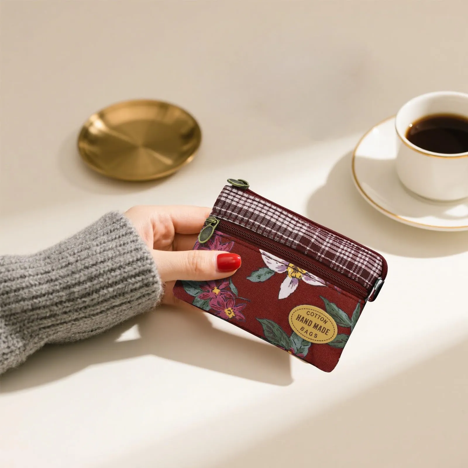Energather Piccolo portamonete in cotone per donna e ragazza - Piccolo portamonete con chiusura zip - Scatola per monete, carte, ricevute e monete, rosso, S, Casuale - immagine 5