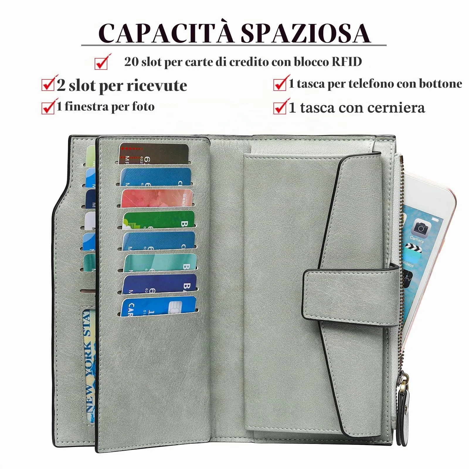 SENDEFN Portafoglio Donna Grande Capacità Pelle RFID Portamonete,con 20 Titolari di Carta Cerniera Portafoglio Donna - immagine 3