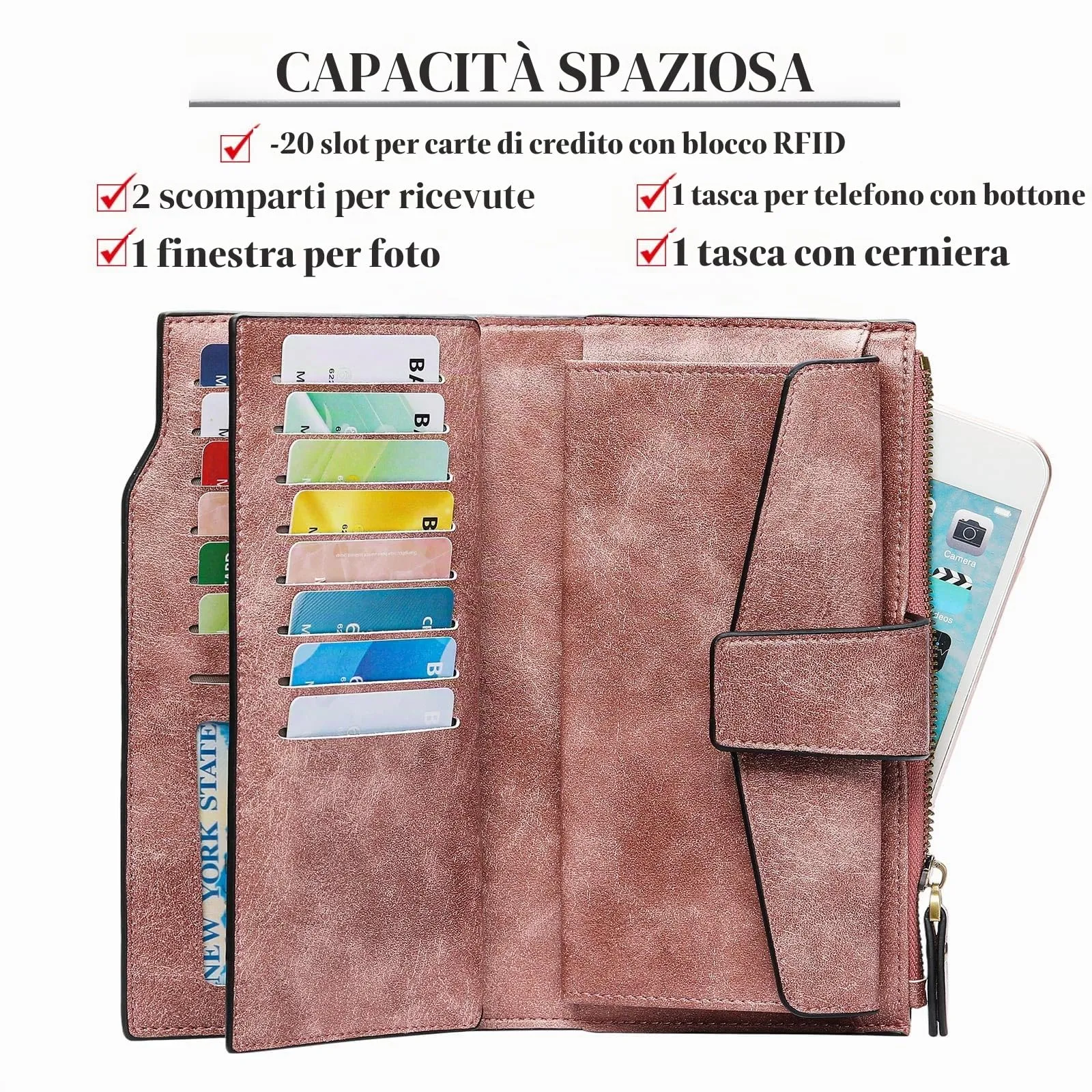 SENDEFN Portafoglio Donna Grande Capacità Pelle RFID Portamonete,con 20 Titolari di Carta Cerniera Portafoglio Donna - immagine 3