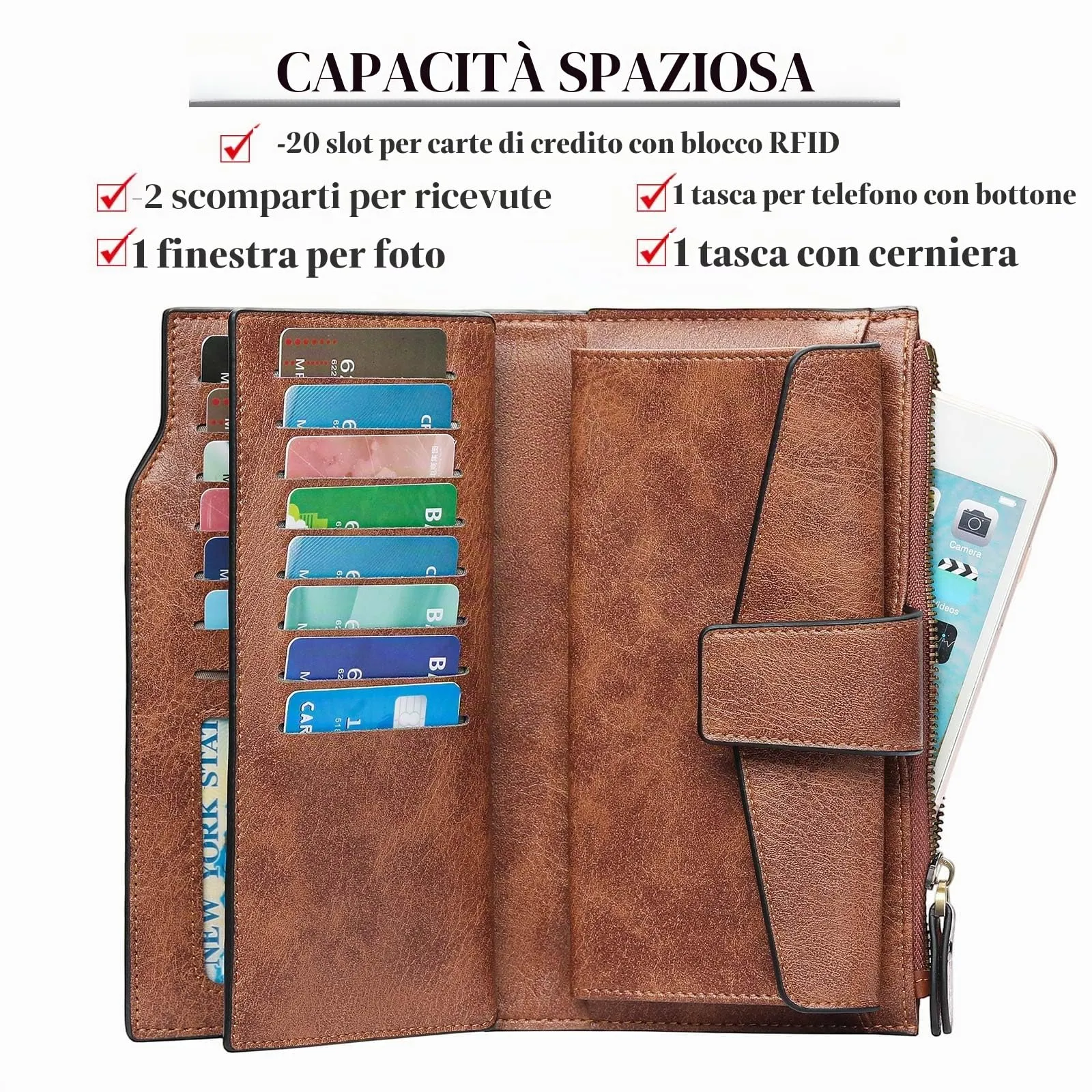 SENDEFN Portafoglio Donna Grande Capacità Pelle RFID Portamonete,con 20 Titolari di Carta Cerniera Portafoglio Donna - immagine 3