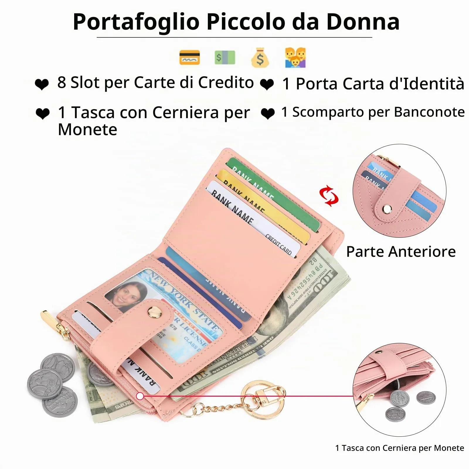 GAEKEAO Portafoglio Donna Piccolo con Blocco RFID, Portamonete Donna in Pelle PU con Cerniera e chiusura a Scatto Scomparti per Carte Multipli Porta Carte di Credito, Rosa Chiaro - immagine 2
