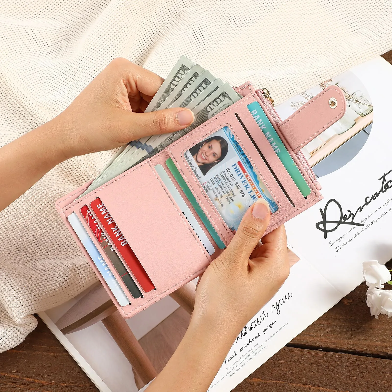 GAEKEAO Portafoglio Donna Piccolo con Blocco RFID, Portamonete Donna in Pelle PU con Cerniera e chiusura a Scatto Scomparti per Carte Multipli Porta Carte di Credito, Rosa Chiaro - immagine 7